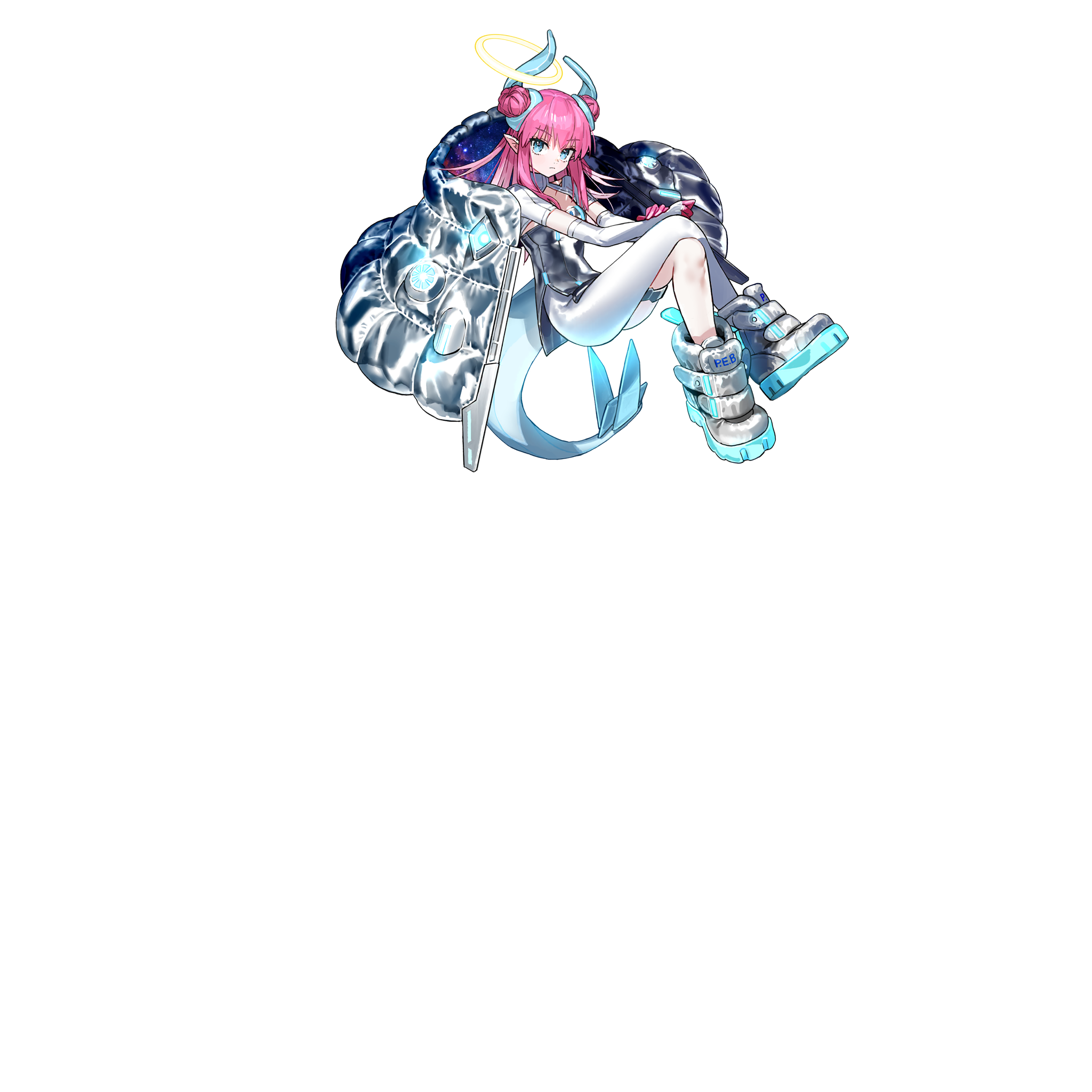 wada arco, elizabeth bathory (fate), fate/grand order, fate (series), highres, official art, third-party source, 1girl, blue eyes, colored fingertips, crossed legs, double bun, down jacket, dragon girl, dragon horns, dragon tail, dress, elizabeth bathory (perfect) (fate), floating, floating clothes, floating jacket, full body, gloves, grey dress, grey jacket, grey shoes, hair bun, halo, halo around horn, horns, jacket, long hair, looking at viewer, pink hair, pointy ears, shoes, shrug (clothing), side slit, single leg pantyhose, solo, strapless, strapless dress, tachi-e, tail, thigh strap, transparent background, two side up, unworn jacket, very long hair, white gloves, white shrug