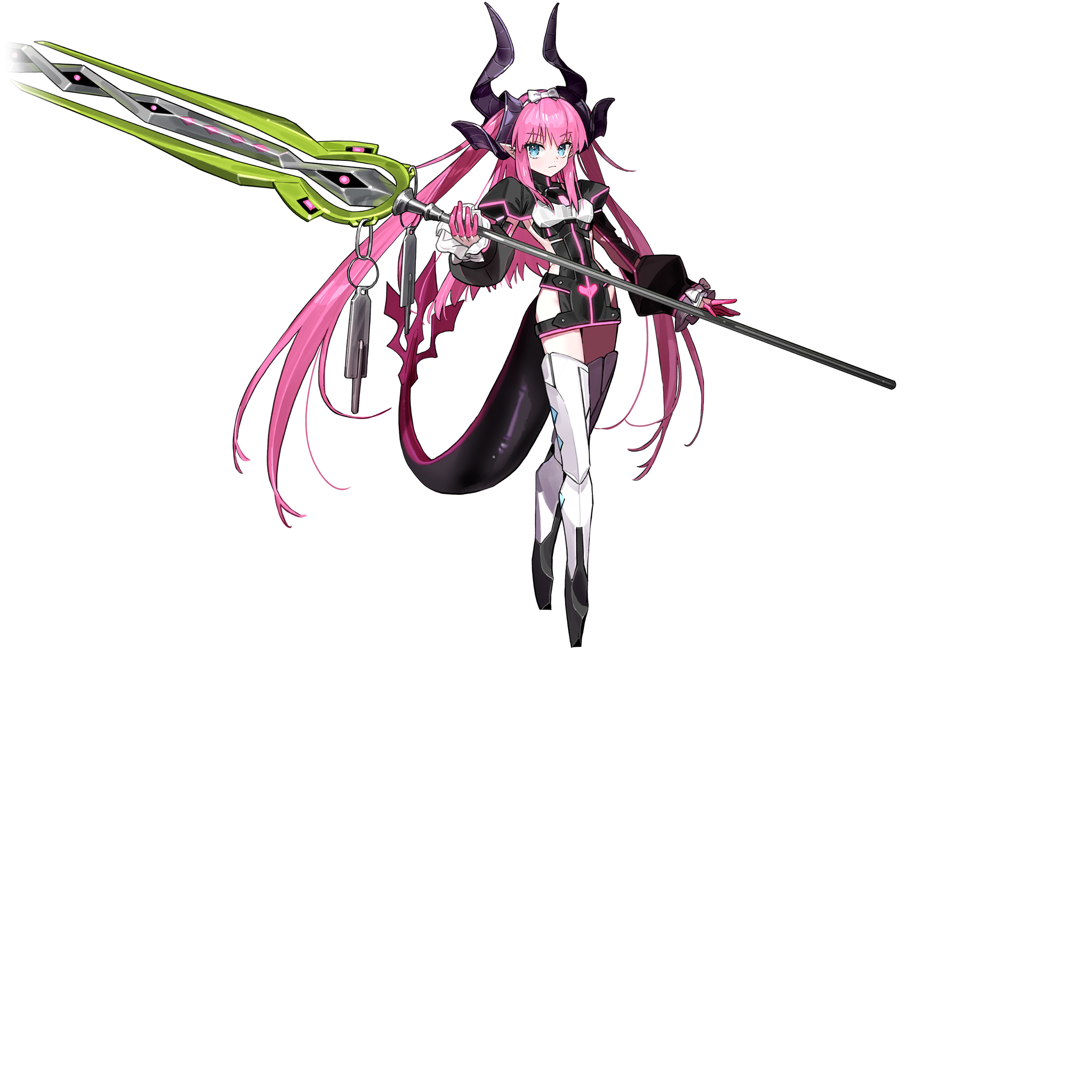 wada arco, elizabeth bathory (fate), fate/grand order, fate (series), highres, official art, third-party source, 1girl, armor, black dress, blue eyes, boots, bow hairband, breastplate, clothing cutout, colored fingertips, dragon girl, dragon horns, dragon tail, dress, elizabeth bathory (perfect) (fate), faulds, frills, full body, hairband, holding, holding polearm, holding weapon, horns, long hair, long sleeves, looking at viewer, pink hair, pointy ears, polearm, solo, spear, standing, tachi-e, tail, thigh boots, thighhighs, transparent background, two side up, very long hair, weapon, white hairband, wings, zettai ryouiki