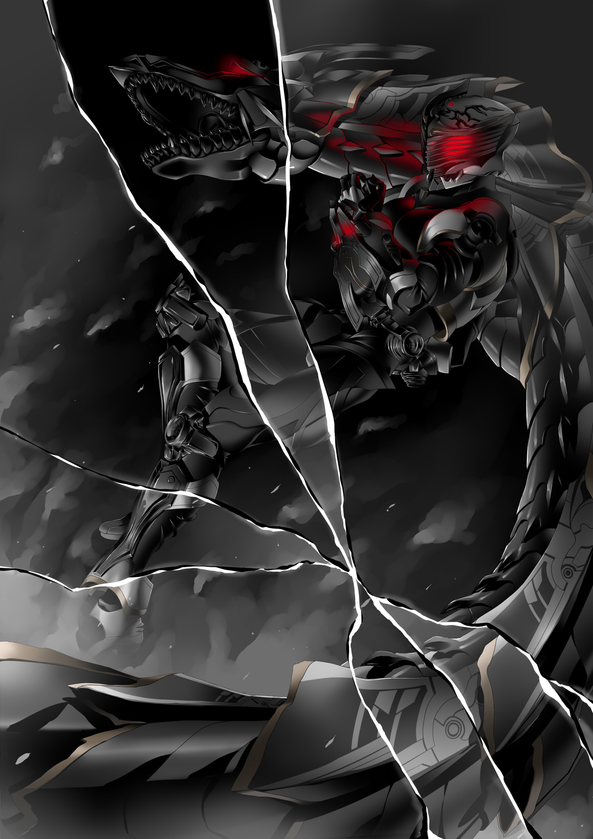 suzume inui, dragblacker, kamen rider ryuga, kamen rider ryuki, kamen rider, kamen rider ryuki (series), highres, belt, broken glass, dragon, glass