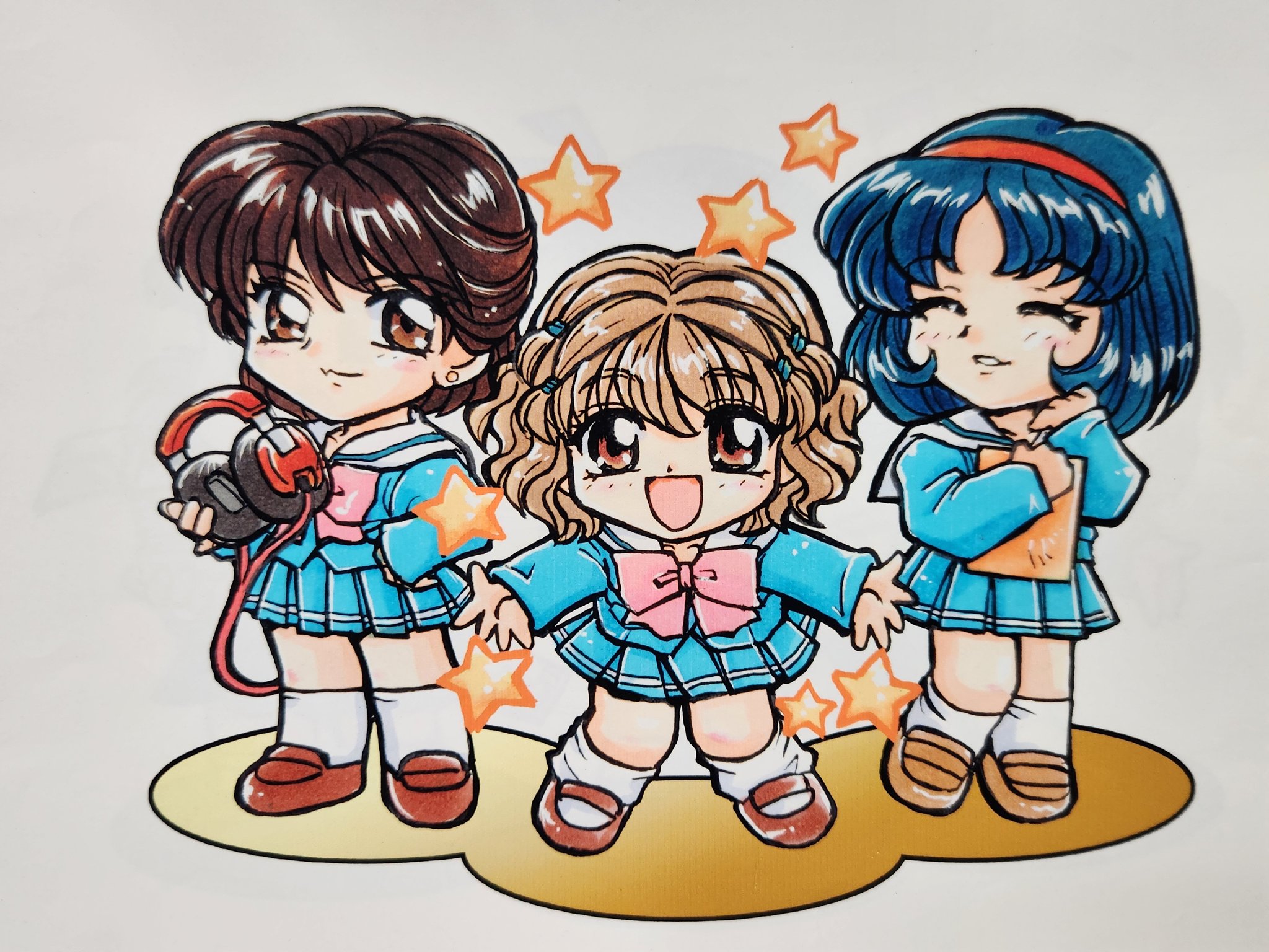 kokomahi, commentary, highres, official art, traditional media, 3girls, black hair, blue hair, blue serafuku, blue shirt, blue skirt, bow, brown eyes, brown hair, brown shoes, chibi, chibi only, clipboard, closed eyes, closed mouth, full body, hairband, hands up, headphones, holding, holding clipboard, holding headphones, kira kira melody gakuen, kneehighs, loafers, looking at viewer, mary janes, medium hair, multiple girls, open hands, open mouth, parted lips, pink bow, pleated skirt, red hairband, sailor collar, school uniform, serafuku, shirt, shoes, short hair, skirt, smile, socks, standing, star (symbol), wavy hair, white background, white sailor collar, white socks