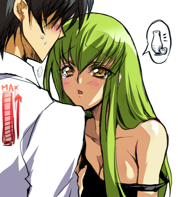 creayus, c.c., lelouch vi britannia, code geass, 00s, 1boy, 1girl, alcohol, bare shoulders, black hair, blush, breasts, cleavage, drunk, green hair, large breasts, sake, sweat, tears, yellow eyes
