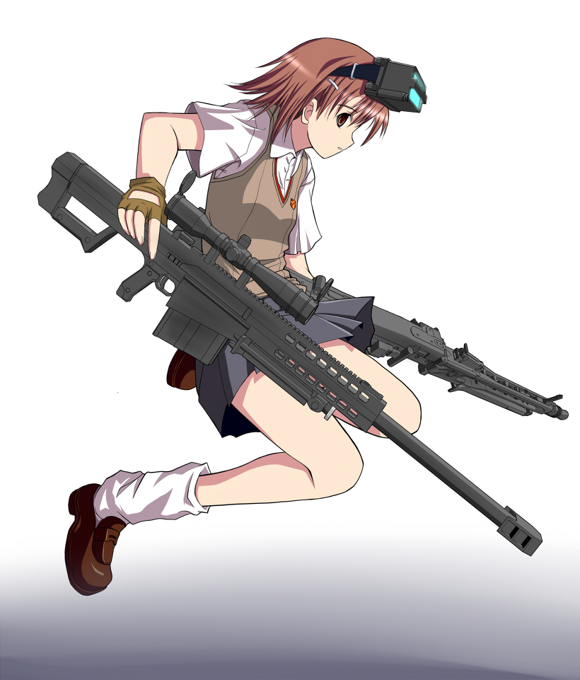 nishikawa hiroyuki, misaka imouto, barrett firearms manufacturing, toaru kagaku no railgun, toaru majutsu no index, 00s, 1girl, anti-materiel rifle, barrett m82, big gun, brown eyes, brown hair, dual wielding, female focus, fingerless gloves, gloves, gun, head-mounted display, holding, large weapon, loose socks, machine gun, mg42, rifle, school uniform, scope, short hair, skirt, sniper rifle, socks, solo, tokiwadai school uniform, weapon