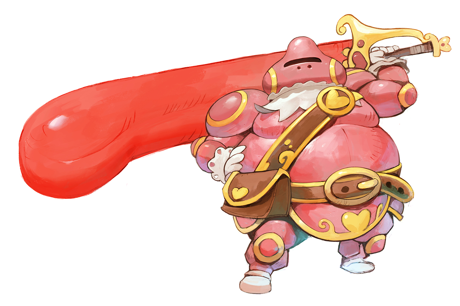 garrett hanna, lickilicky, nintendo, pokemon, ambiguous gender, armor, ascot, bag, belt, full armor, full body, gen 4 pokemon, gloves, gold trim, greatsword, hand on own hip, helmet, holding, holding sword, holding weapon, huge weapon, humanization, looking at viewer, pink armor, pink helmet, satchel, solo, standing, sword, weapon, white ascot, white gloves