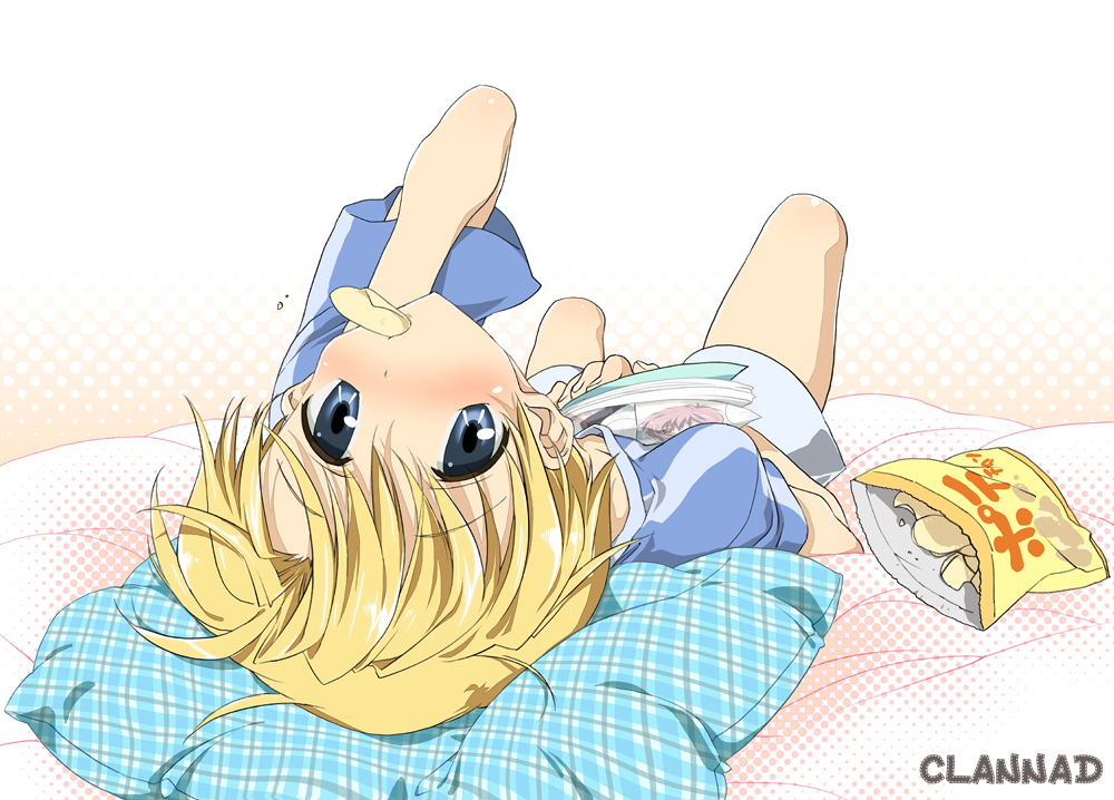 sunohara youhei, clannad, 00s, 1boy, bed, blonde hair, blue eyes, blush, chips (food), food, food in mouth, halftone, halftone background, lying, magazine (object), male focus, mouth hold, on back, pillow, potato chips, short hair, solo, upside-down