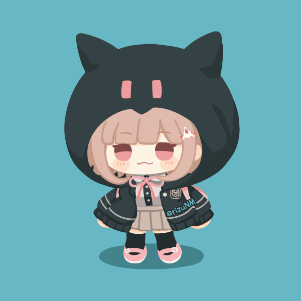 rizu (rizunm), nanami chiaki, danganronpa (series), danganronpa 2: goodbye despair, 1girl, brown hair, chibi, collared shirt, hair ornament, hood, hooded jacket, jacket, long sleeves, looking at viewer, medium hair, neck ribbon, open clothes, open jacket, pink eyes, pink ribbon, pleated skirt, ribbon, shirt, skirt, solo, thighhighs, white shirt