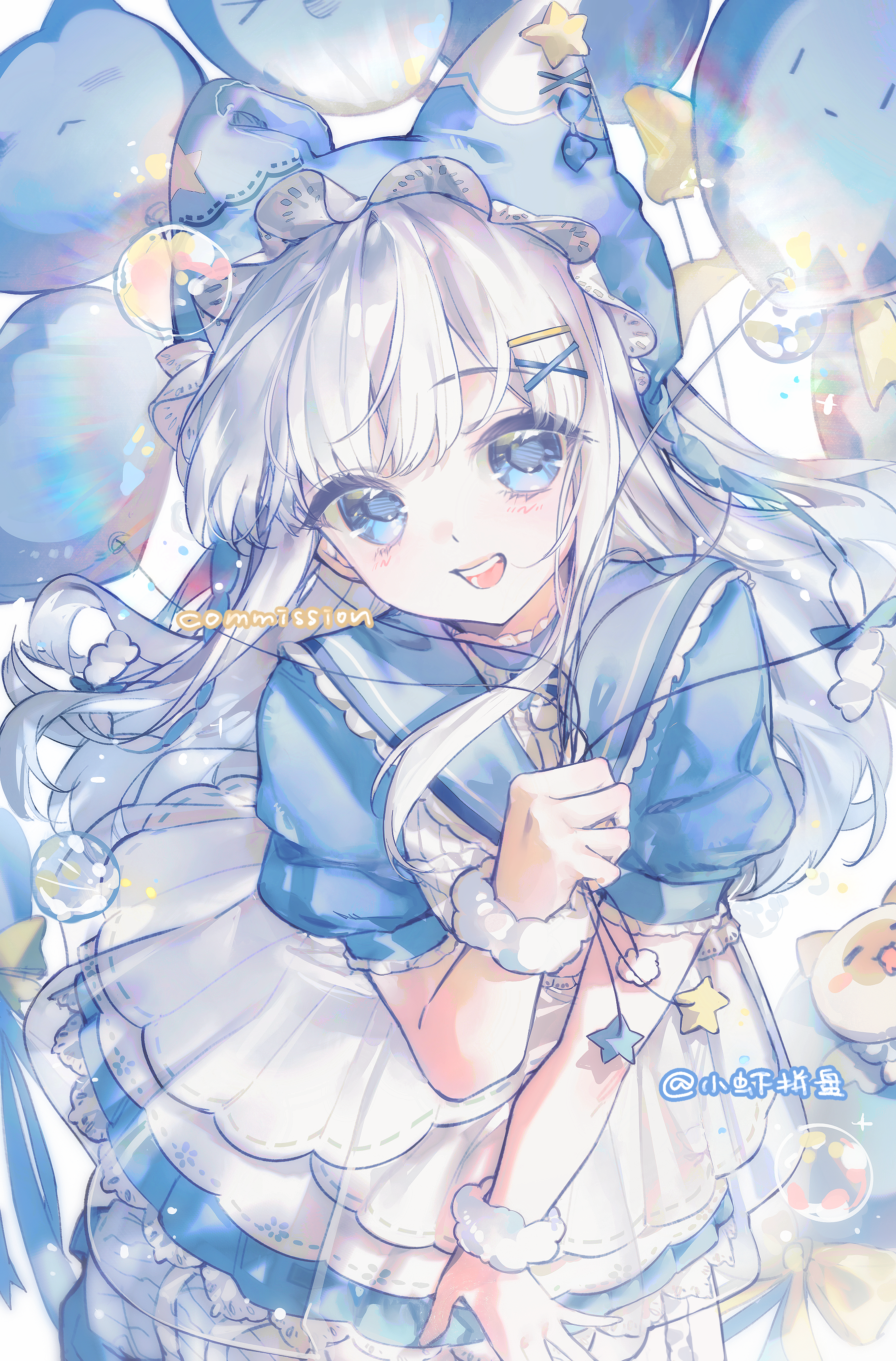 original, absurdres, highres, 1girl, :d, balloon, blue choker, blue eyes, blue hat, blue sailor collar, blue shirt, blush, choker, cowboy shot, frilled choker, frilled sleeves, frills, fur wrist cuffs, grey hair, hair ornament, hairclip, hat, holding, holding balloon, long hair, looking at viewer, open mouth, sailor collar, shirt, short sleeves, skirt, smile, solo, teeth, upper teeth only, white skirt, wrist cuffs, x hair ornament, xiao xia pin pan