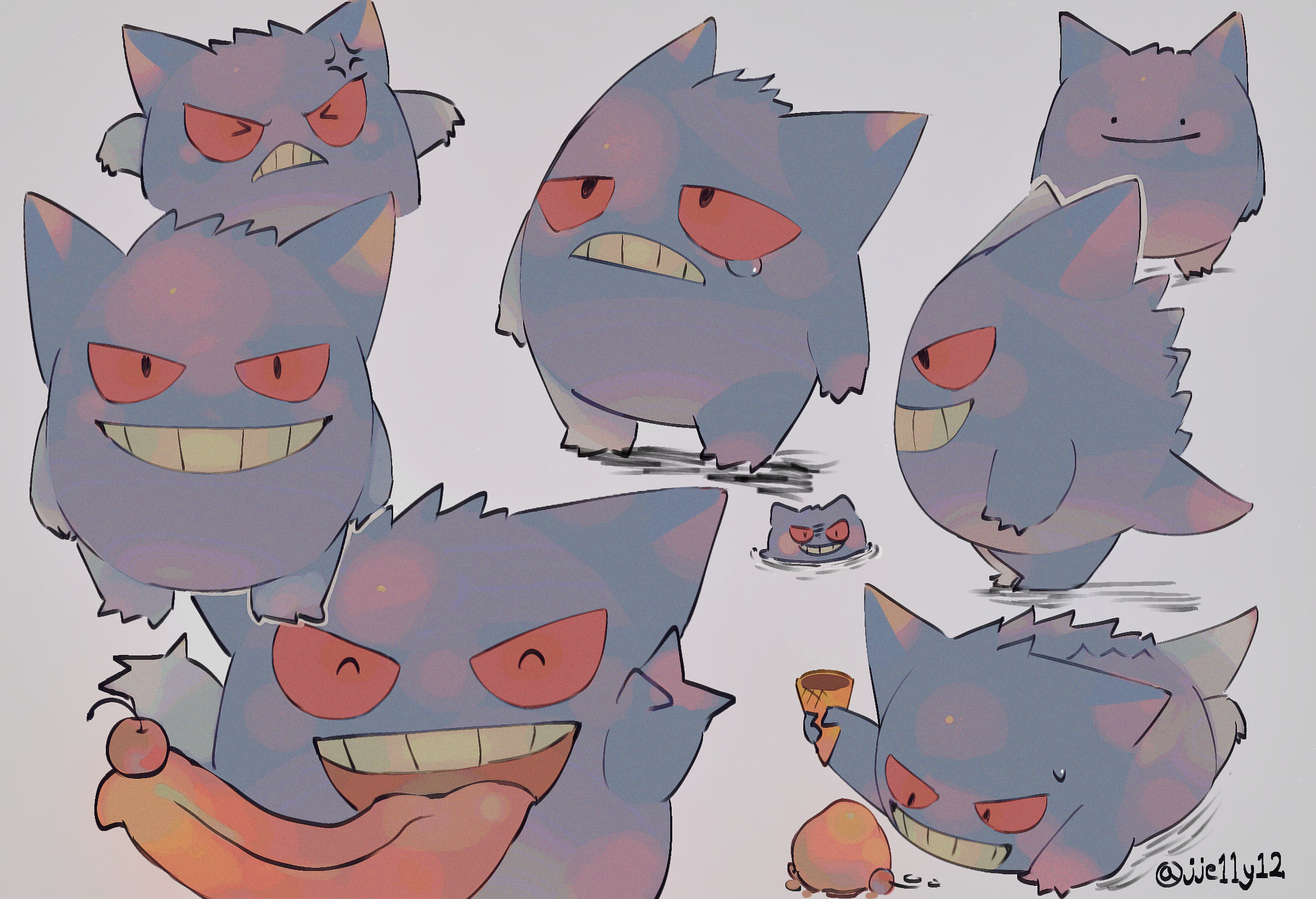 jari (jje11y12), ditto, gengar, transformed ditto, nintendo, pokemon, commentary, highres, > <, ^ ^, anger vein, cherry, closed eyes, food, frown, fruit, gen 1 pokemon, grin, ice cream cone, looking up, no humans, open mouth, pokemon (creature), pokemon focus, red eyes, smile, standing, sweatdrop, teeth, tongue, tongue out