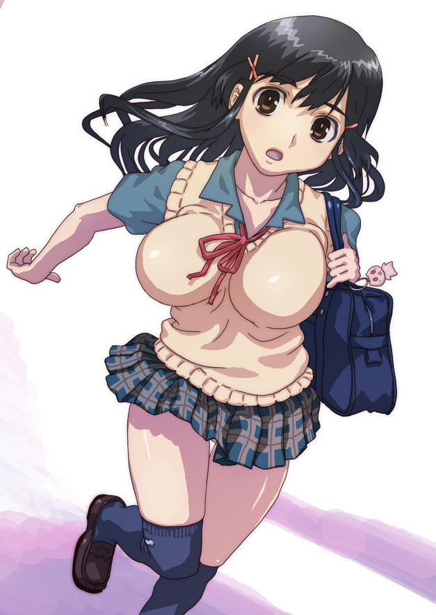 hirose (mokiki), original, character request, source request, bag, black hair, black socks, breasts, brown eyes, brown shoes, hair ornament, hairclip, kneehighs, large breasts, legs, long hair, plaid clothes, plaid skirt, running, school uniform, shoes, skirt, socks, solo, sweater, thighhighs