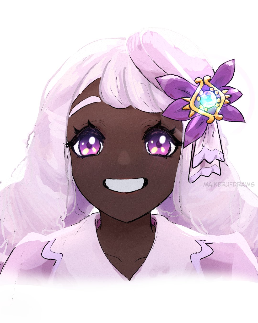 maikerufdraws, jacinthe (pokemon), nintendo, pokemon, pokemon legends: z-a, highres, 1girl, dark-skinned female, dark skin, dress, fascinator, glowing gem, grin, looking at viewer, low drills, mega stone, portrait, purple dress, purple eyes, purple hair, smile, solo, very dark skin