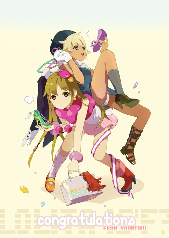 tiru, original, 2girls, asymmetrical clothes, asymmetrical footwear, blonde hair, gloves, hair ornament, hairclip, hat, high heels, lace, leaning forward, legs, mismatched footwear, multiple girls, shoes, short hair, skirt