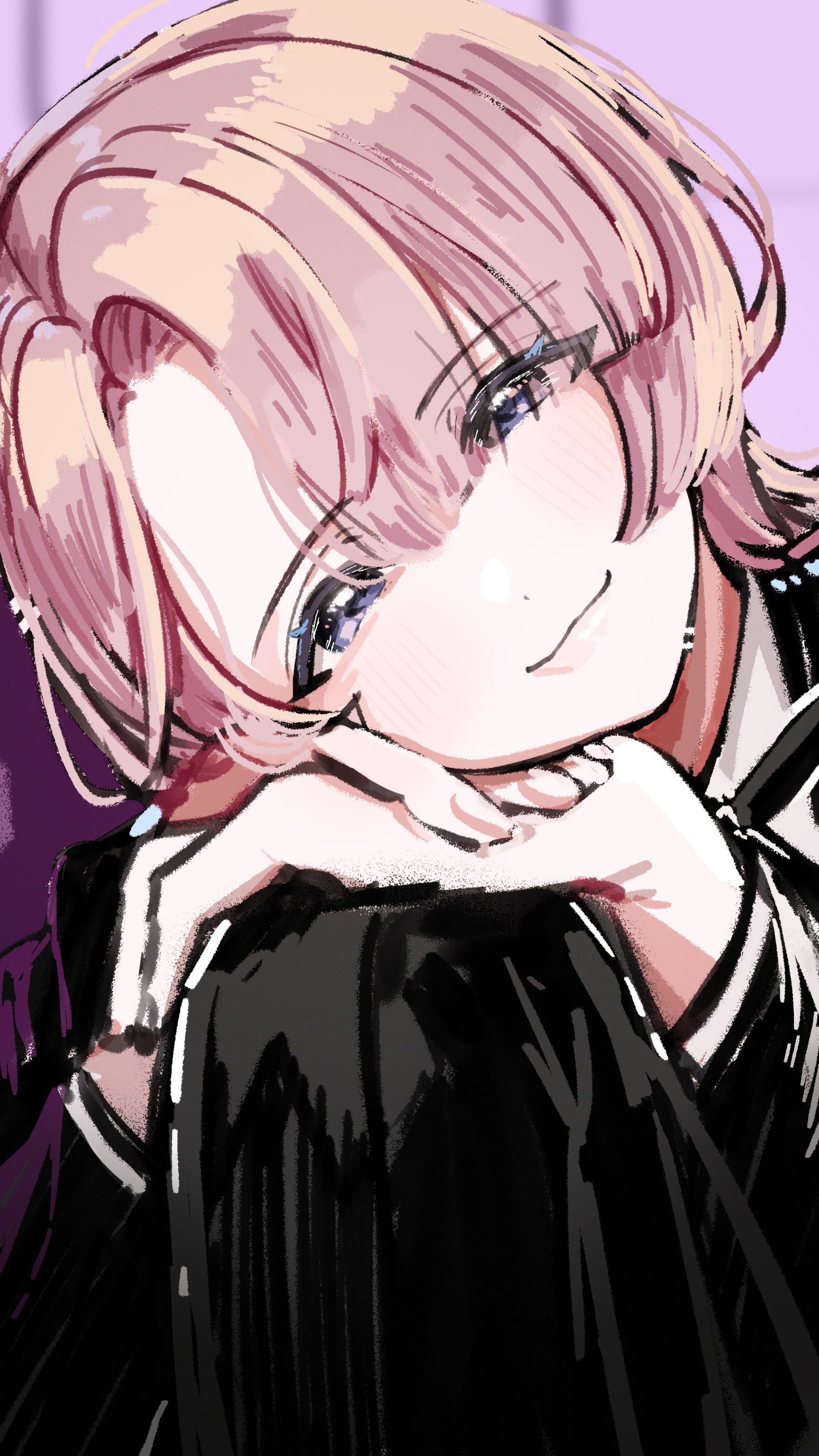 kasasagi (futagodori888), arimura mao, gakuen idolmaster, idolmaster, absurdres, commentary request, highres, 1girl, :3, asymmetrical bangs, black jacket, black pants, hands on own knee, head rest, jacket, looking at viewer, own hands together, pants, pink hair, purple eyes, sitting, smile, solo