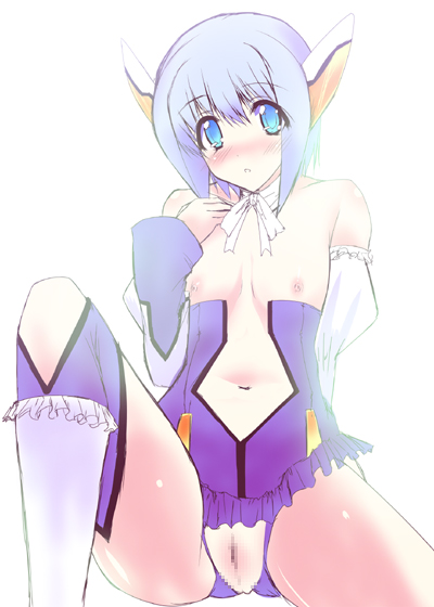 noto kurumi, poini coon, otomedius, bad id, bad pixiv id, 1girl, blue eyes, blue hair, blush, censored, crotchless, crotchless panties, detached sleeves, female focus, flat chest, gradient background, leotard, nipples, panties, purple thighhighs, pussy, robot ears, short hair, solo, thighhighs, underwear, white background