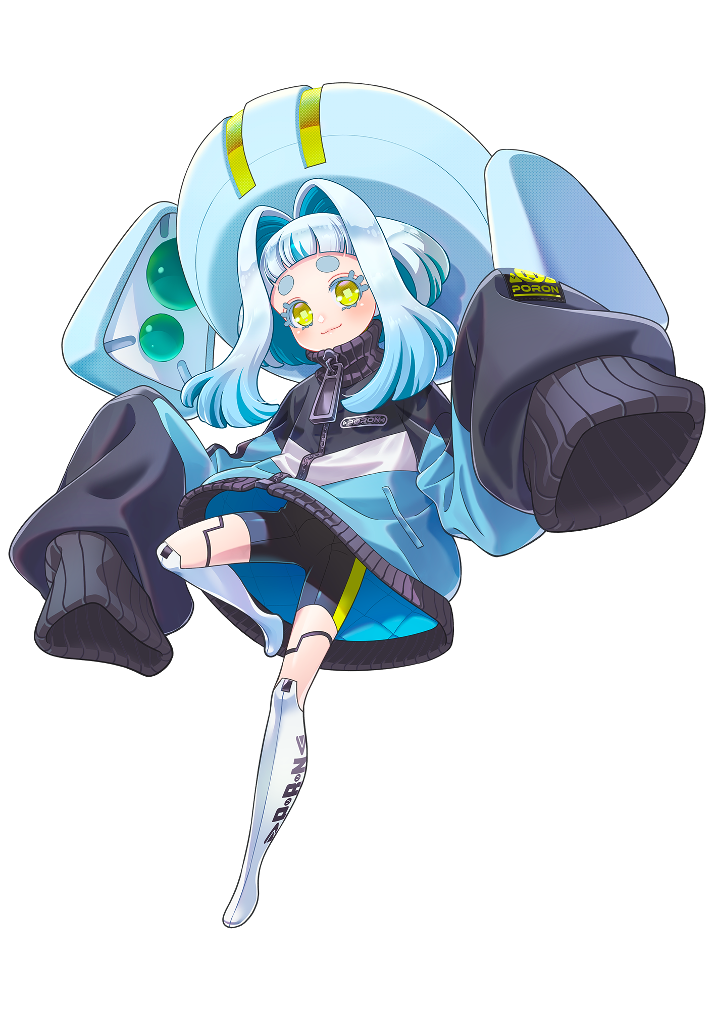 voicepeak, highres, official art, second-party source, 1girl, black bodysuit, black jacket, blue hair, blue hat, blue jacket, blunt bangs, blush, bodysuit, bodysuit under clothes, closed mouth, colored eyelashes, colored inner hair, full body, gradient hair, hair intakes, hands up, hasegawa umi, hat, jacket, large hat, leg lift, long sidelocks, looking at viewer, mechanical legs, medium hair, multicolored hair, multicolored jacket, oversized clothes, oversized jacket, poron-chan, short bangs, short eyebrows, sidelocks, sleeves past fingers, sleeves past wrists, smile, solo, square pupils, track jacket, transparent background, very long sleeves, white hair, yellow eyes, zipper