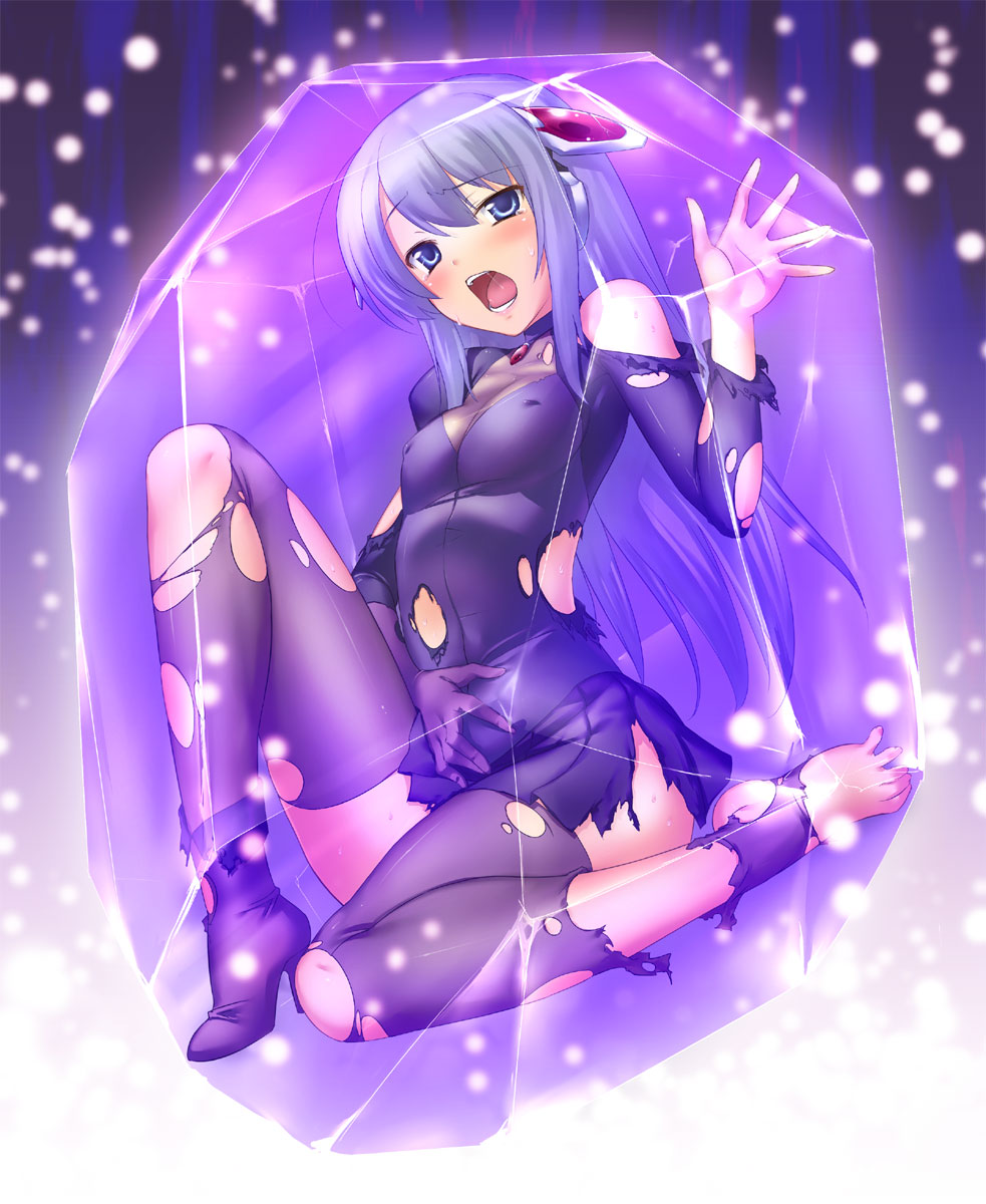47agdragon, original, silver hair, highres, 1girl, barefoot, blue eyes, blush, covered erect nipples, crystal, feet, female focus, high heels, long hair, shoes, single shoe, skirt, solo, spread toes, sweat, tears, thighhighs, toes, torn clothes, torn thighhighs, trapped