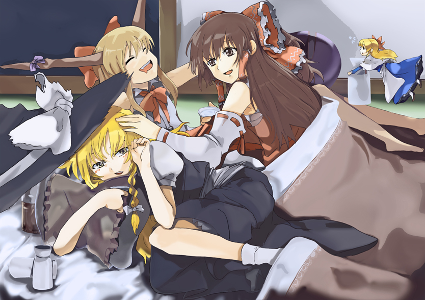 hareta, seita, hakurei reimu, ibuki suika, kirisame marisa, shanghai doll, touhou, bad id, bad pixiv id, 3girls, black hair, blonde hair, bow, braid, brown hair, detached sleeves, drunk, female focus, hat, horns, japanese clothes, lying, miko, multiple girls, witch, witch hat