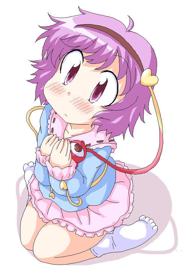geetsu, komeiji satori, touhou, 1girl, blush, feet, female focus, from above, full body, kneeling, looking up, oekaki, purple eyes, purple hair, short hair, simple background, socks, solo, white background