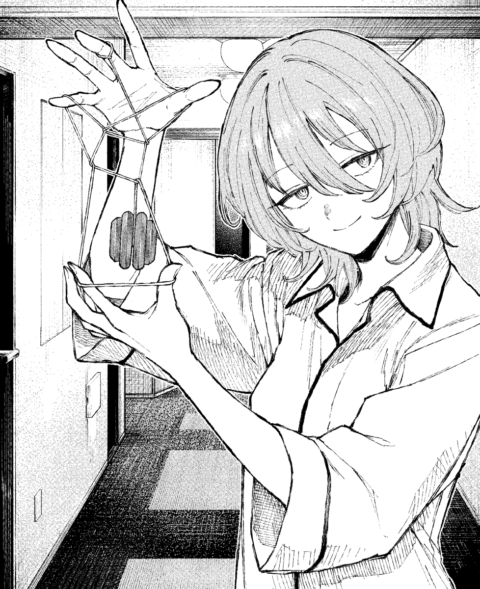 downer onee-san (downer onee-san wa asobitai), downer onee-san wa asobitai, highres, official art, 1girl, closed mouth, hair between eyes, indoors, looking at viewer, medium hair, monochrome, pajamas, solo, yamadaka kei, yo-yo