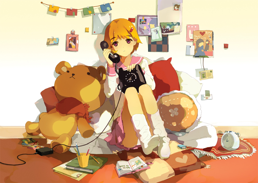 tiru, bad id, bad pixiv id, 1girl, blonde hair, book, clock, corded phone, female focus, hair ornament, hairclip, panties, phone, pillow, red eyes, school uniform, short hair, sitting, skirt, socks, solo, stuffed animal, stuffed toy, talking on phone, teddy bear, underwear, upskirt