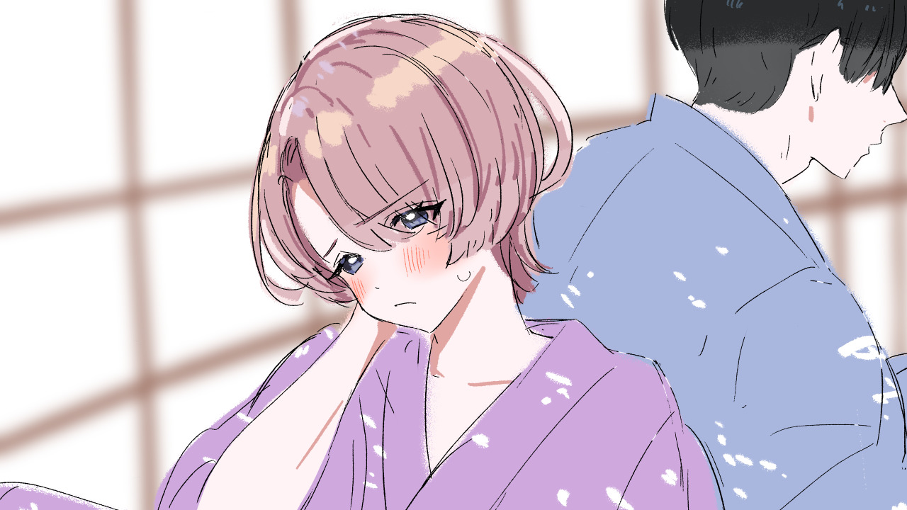 kasasagi (futagodori888), arimura mao, producer (idolmaster), gakuen idolmaster, idolmaster, commentary request, 1boy, 1girl, :/, asymmetrical bangs, back-to-back, bath yukata, black hair, blue kimono, blush, collarbone, hair over one eye, hand on own cheek, hand on own face, indoors, japanese clothes, kimono, looking ahead, pink hair, pink kimono, purple eyes, sweat, yukata