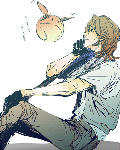 apllot, soku, haro, lockon stratos, lyle dylandy, gundam, gundam 00, bad id, bad pixiv id, 00s, 1boy, belt, black gloves, brown hair, brown pants, closed eyes, flying, gloves, male focus, motion lines, pants, parted lips, shirt, short sleeves, white shirt