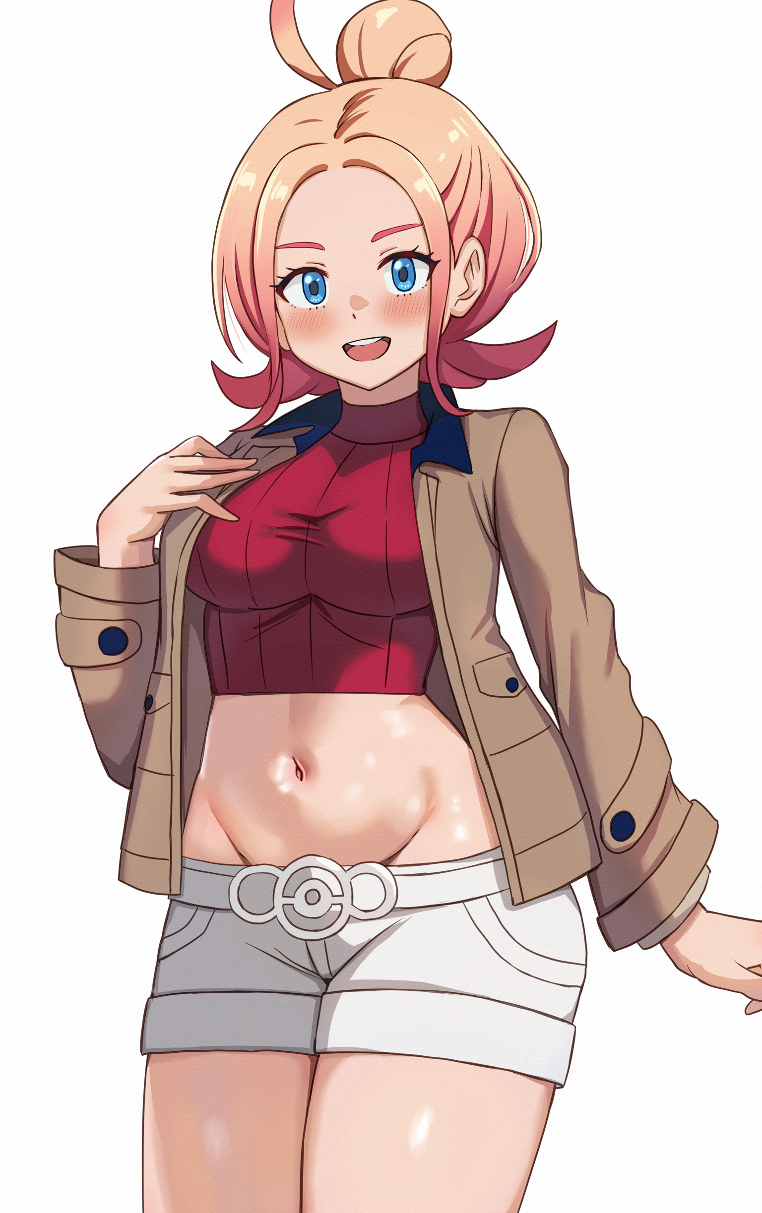 nootomo, taunie (pokemon), nintendo, pokemon, pokemon legends: z-a, absurdres, highres, 1girl, ahoge, blue eyes, breasts, brown coat, coat, hair bun, looking at viewer, medium breasts, midriff, navel, open clothes, open coat, open mouth, orange hair, red sweater, shorts, simple background, single hair bun, smile, solo, sweater, teeth, upper teeth only, white background, white shorts