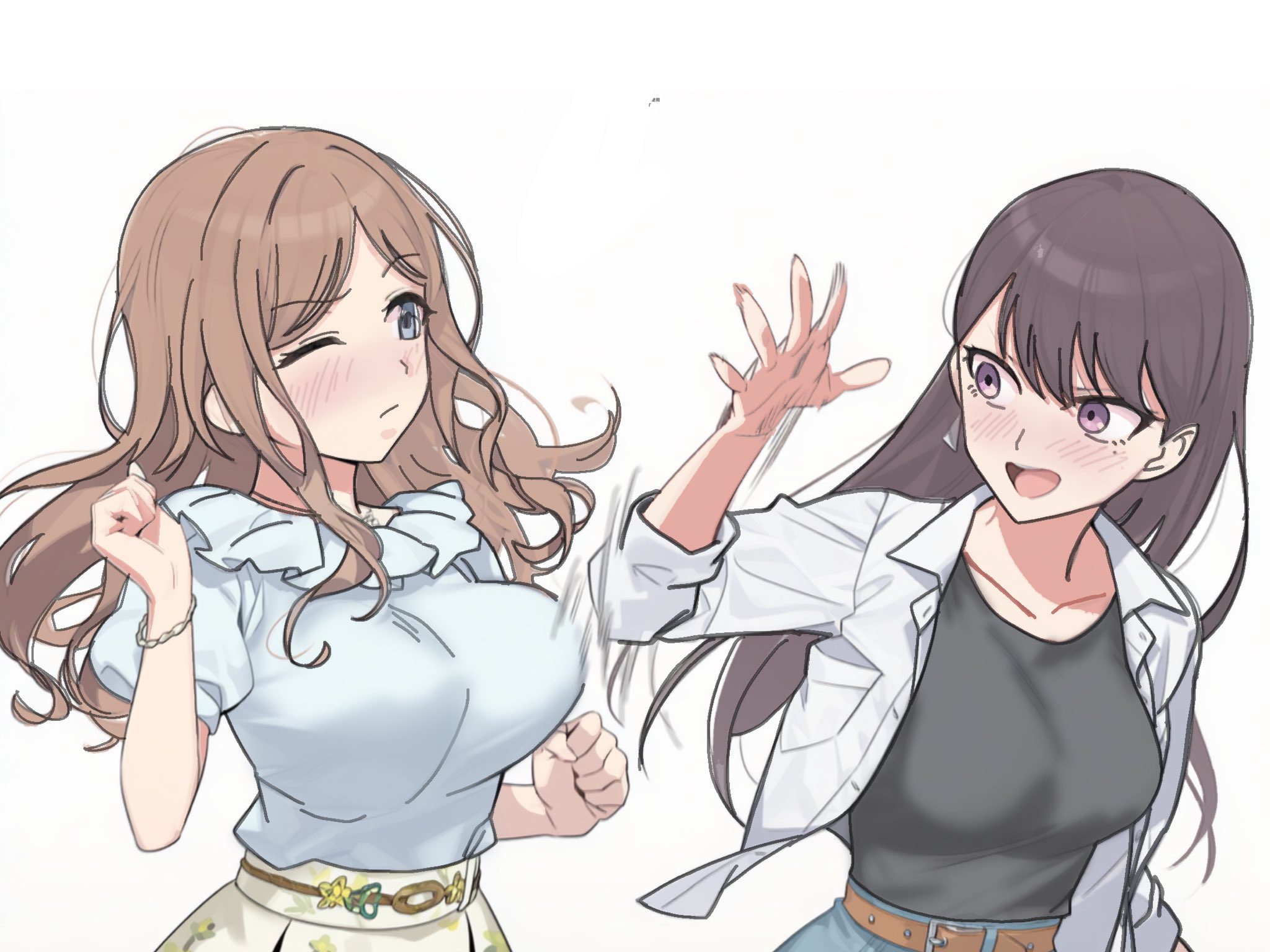 wtsino, nagasaki soyo, shiina taki, bang dream!, bang dream! it's mygo!!!!!, highres, 2girls, black shirt, blue eyes, blush, brown hair, frilled shirt, frills, jacket, long hair, motion lines, multiple girls, one eye closed, purple eyes, shirt, slapping breasts, white jacket, white shirt, yuri