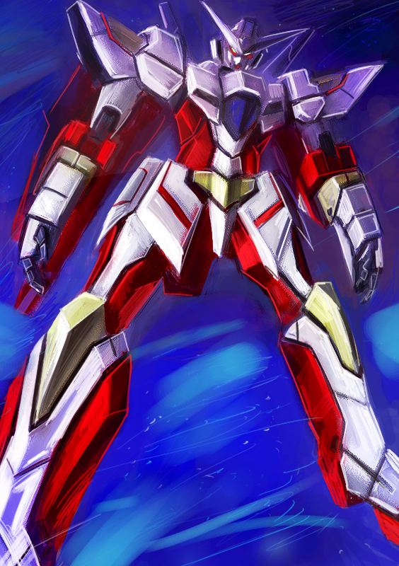 oisin, raijinnou, reborns gundam, ribbons gundam, gundam, gundam 00, 00s, armor, arms at sides, from below, glowing, glowing eyes, gradient background, green eyes, looking at viewer, looking down, mecha, no humans, robot, sky, solo