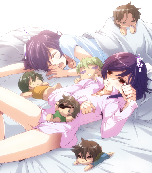 shinolion, takitsume shino, allelujah haptism, lockon stratos, lyle dylandy, neil dylandy, regene regetta, ribbons almark, setsuna f. seiei, tieria erde, gundam, gundam 00, 00s, 2boys, brown hair, chibi, closed eyes, eyepatch, green hair, innovators (gundam 00), legs, lying, multiple boys, no pants, on back, on stomach, open mouth, purple eyes, purple hair, red eyes, saliva, sleeping, trap
