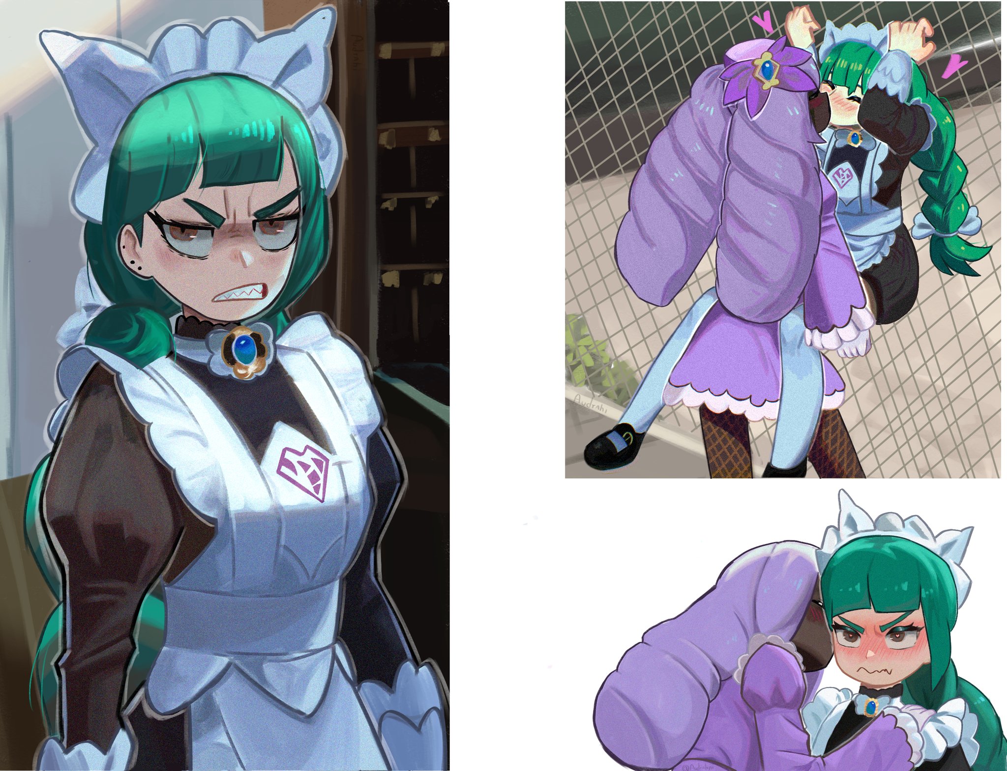 audrahni, jacinthe (pokemon), lebanne (pokemon), nintendo, pokemon, pokemon legends: z-a, highres, 2girls, ^ ^, angry, apron, black dress, blush, bow, bowtie, braid, braided ponytail, brown eyes, clenched teeth, closed eyes, dark-skinned female, dark skin, dress, fascinator, fence, frown, green hair, hair ornament, heart, juliet sleeves, kiss, long braid, long hair, long sleeves, looking at viewer, low drills, maid apron, maid headdress, multiple girls, parted lips, puffy sleeves, purple dress, purple hair, pursed lips, scowl, sharp teeth, single braid, teeth, v-shaped eyebrows, very dark skin, white bow, white bowtie, yuri