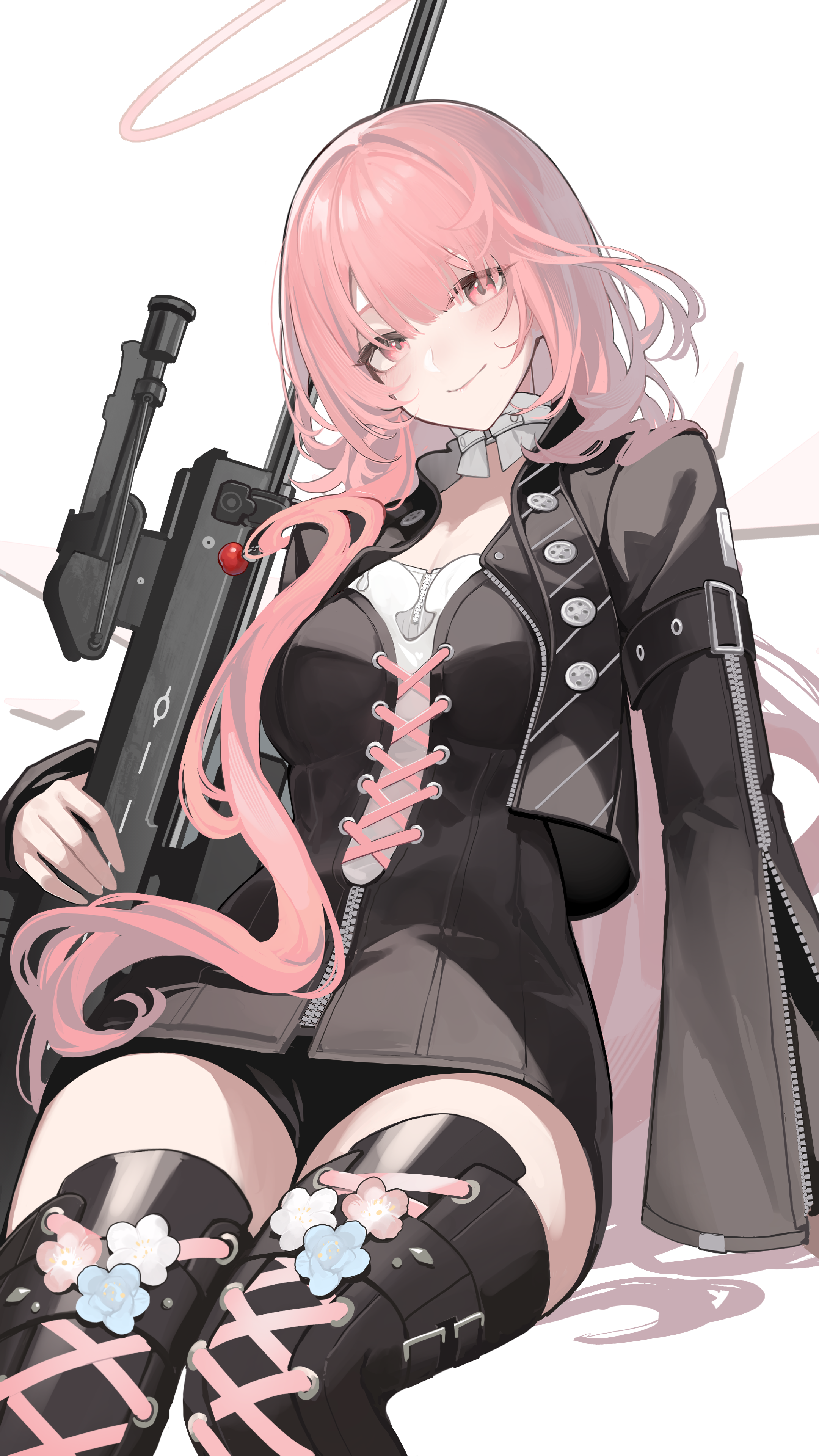 paszuto, lemuen (arknights), arknights, absurdres, commentary, highres, 1girl, angel, black boots, black dress, black jacket, black shorts, boots, breasts, detached wings, dress, gun, halo, holding, holding weapon, jacket, looking at viewer, medium breasts, pink eyes, pink hair, rifle, shorts, simple background, smile, solo, thighs, weapon, white background, wings