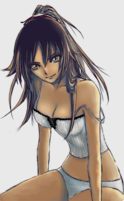 ageha, shihouin yoruichi, bleach, bad id, bad pixiv id, 00s, 1girl, black hair, breasts, camisole, cleavage, dark-skinned female, dark skin, female focus, long hair, midriff, panties, ponytail, solo, strap slip, underwear, yellow eyes