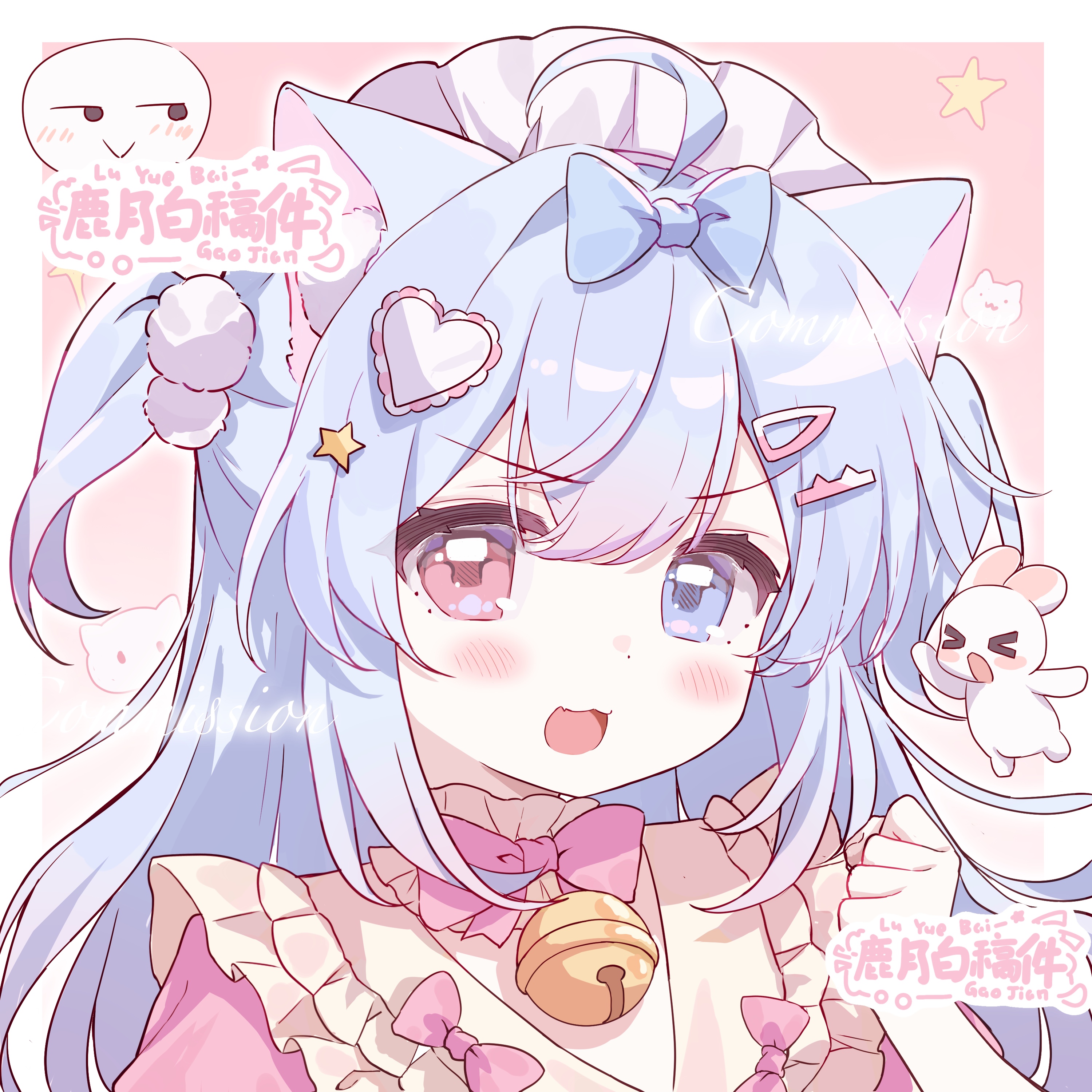 original, absurdres, highres, 1girl, :3, :d, ahoge, animal ear fluff, animal ears, artist name, bell, blue bow, blue eyes, blue hair, blush, border, bow, bowtie, cat ears, cat girl, hair bow, hair ornament, hand up, heart, heart hair ornament, heterochromia, long hair, looking at viewer, lu yue bai, maid headdress, neck bell, open mouth, outside border, pink background, pink bow, pink bowtie, pink shirt, pom pom (clothes), pom pom hair ornament, portrait, rabbit, red eyes, shirt, smile, solo, star (symbol), star hair ornament, two side up, white border