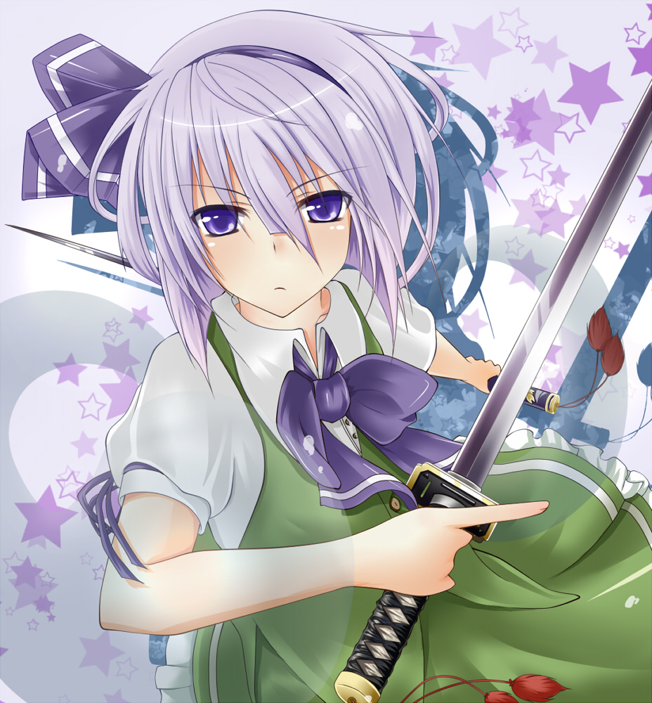 momiz-tama (pixiv), tokijiro, konpaku youmu, konpaku youmu (ghost), touhou, silver hair, bad id, bad pixiv id, 1girl, blue eyes, dual wielding, female focus, hitodama, holding, katana, ribbon, short hair, solo, sword, tanto, weapon