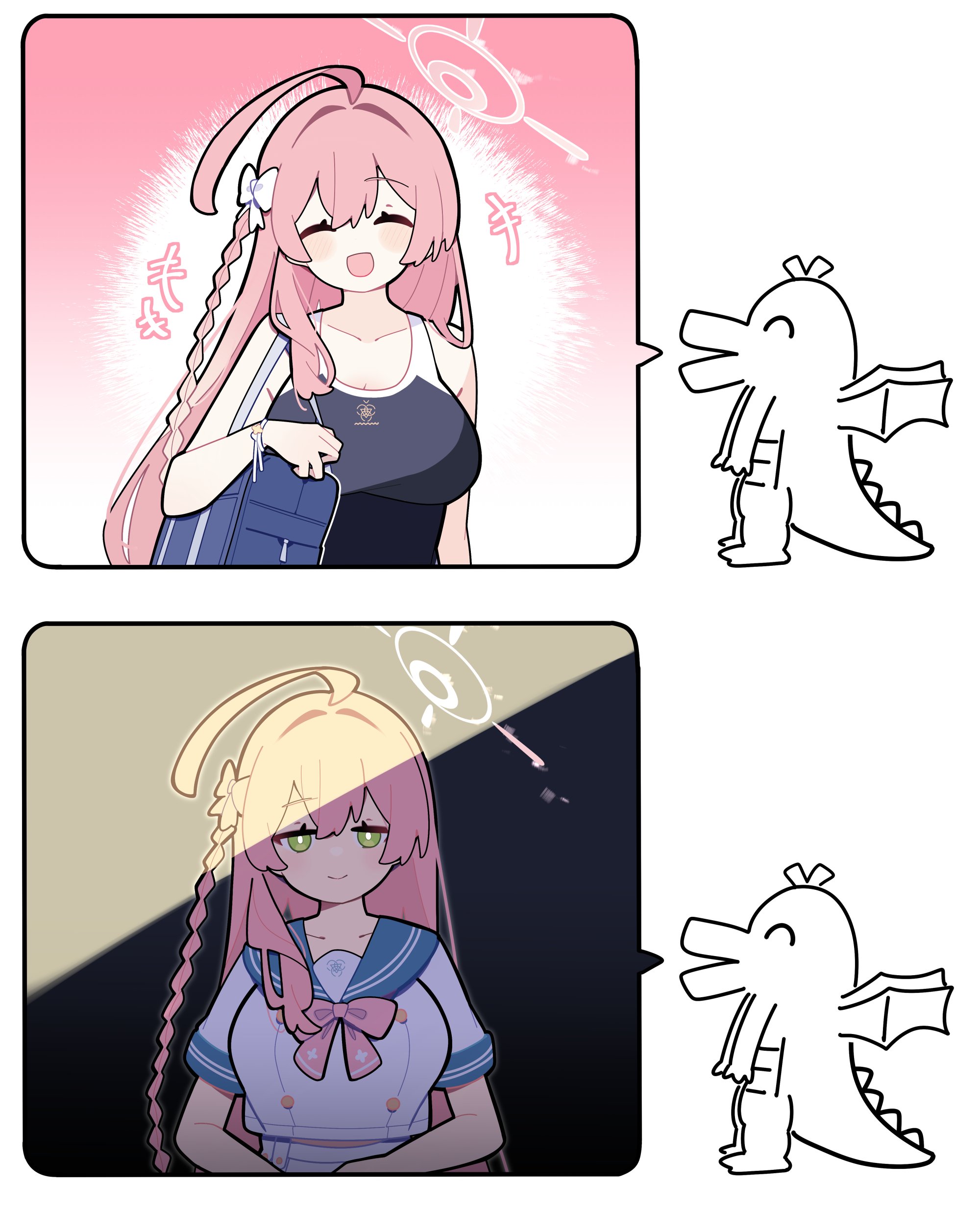 pekeko (pepekekeko), hanako (blue archive), blue archive, suki na souzai happyou dragon (utau), absurdres, commentary request, highres, 1girl, ahoge, bag, bow, braid, breasts, closed eyes, dragon, green eyes, hair between eyes, hair bow, halo, large breasts, long hair, looking at viewer, open mouth, pink hair, sailor collar, school bag, school swimsuit, school uniform, serafuku, short sleeves, smile, star (symbol), swimsuit, trinity general school logo, trinity general school swimsuit, wings, wristband