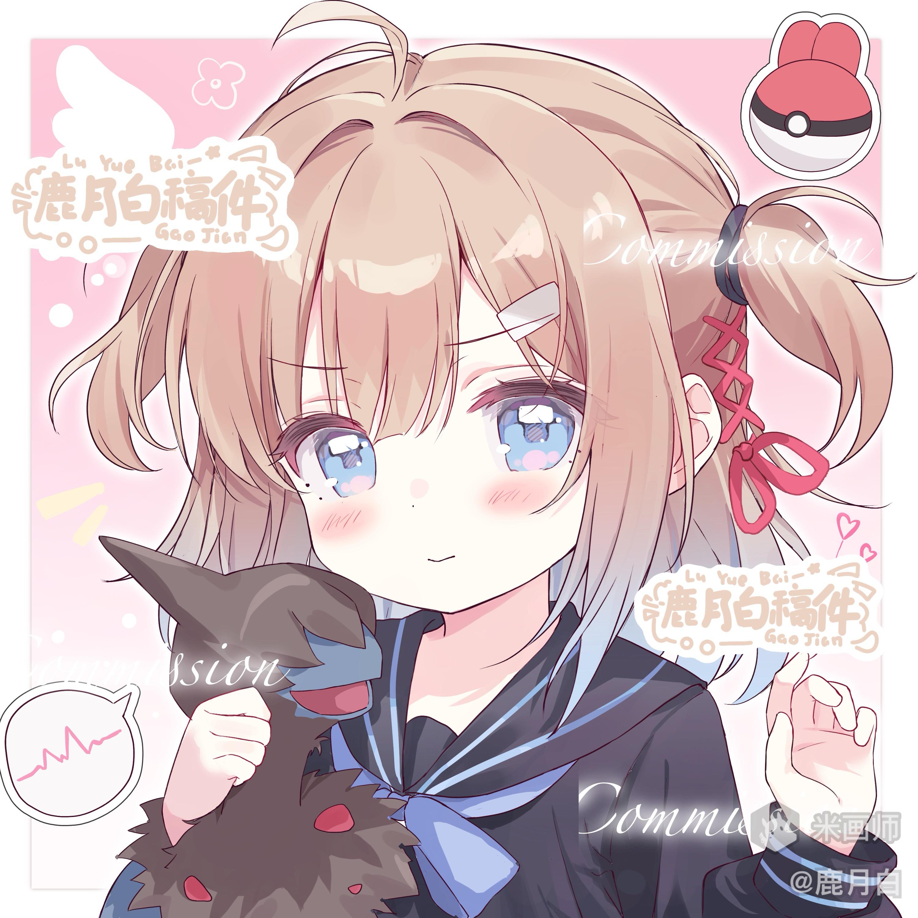 nintendo, original, pokemon, absurdres, character request, highres, 1girl, ahoge, artist name, black sailor collar, black shirt, blue bow, blue bowtie, blue eyes, blush, border, bow, bowtie, brown hair, closed mouth, hair ribbon, hair tie, holding, holding pokemon, long sleeves, looking at viewer, lu yue bai, medium hair, outside border, pink background, pokemon (creature), portrait, red ribbon, ribbon, sailor collar, school uniform, serafuku, shirt, sidelocks, solo, two side up, white border