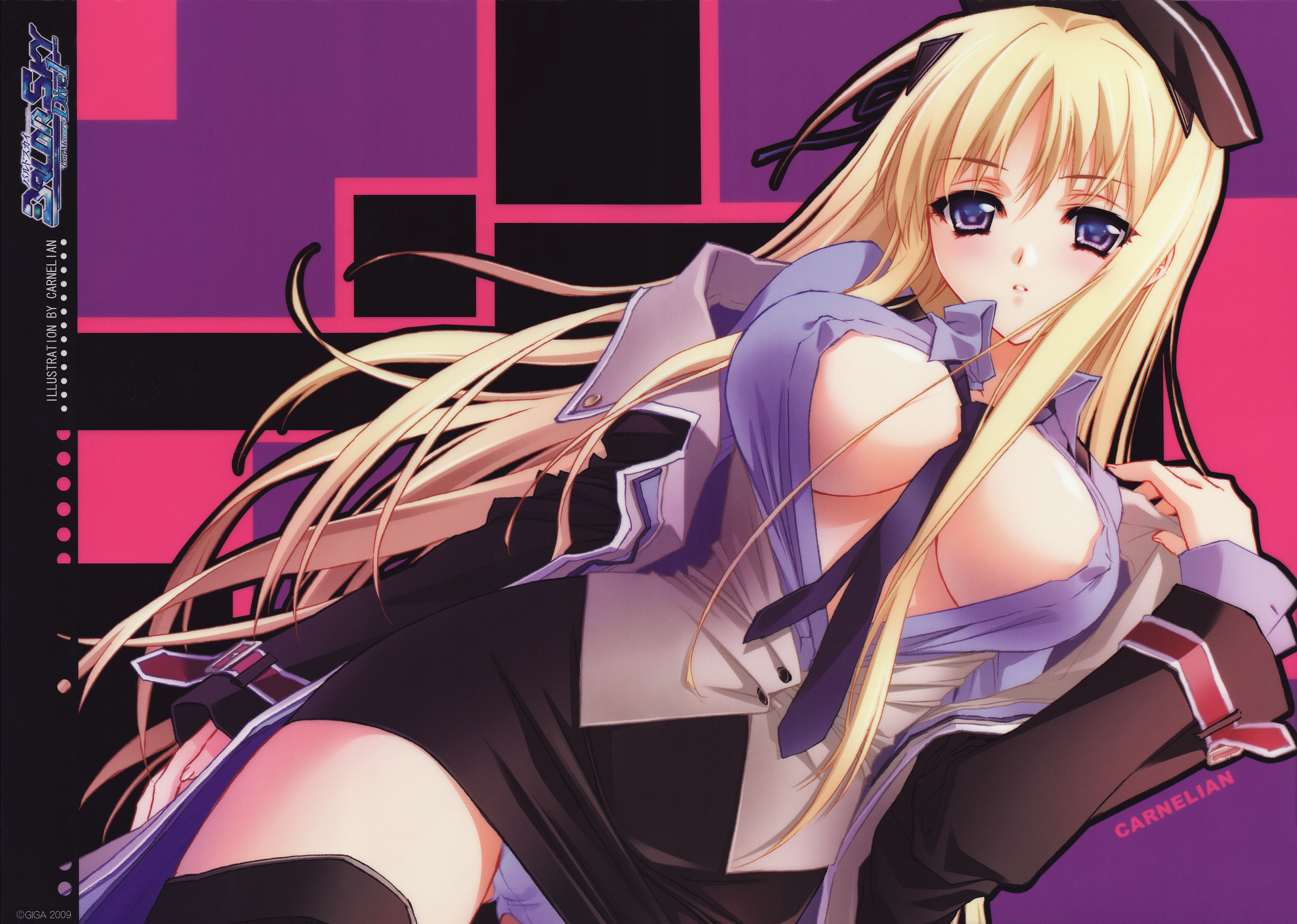 carnelian, kirishima rain, baldr sky, highres, huge filesize, 1girl, blonde hair, blue eyes, breasts, covered erect nipples, female focus, hat, large breasts, long hair, miniskirt, necktie, no bra, open clothes, open shirt, panties, pantyshot, pencil skirt, shirt, skirt, solo, thighhighs, underwear, upskirt, very long hair, white panties, zettai ryouiki