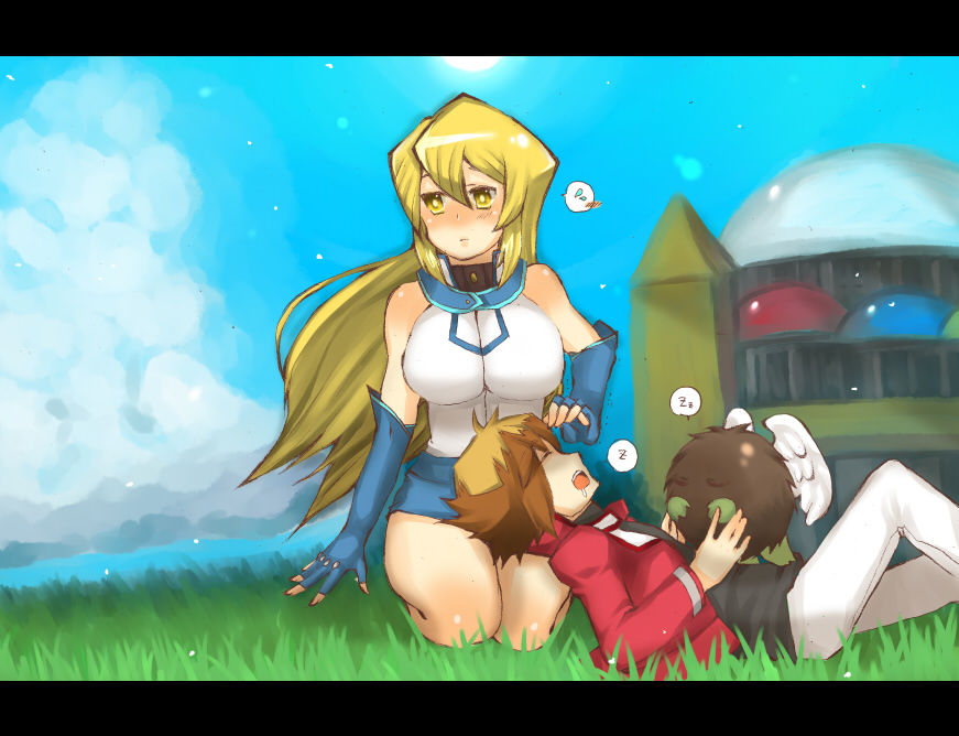 liht098hue, tenjouin asuka, winged kuriboh, yuki judai, yu-gi-oh!, yu-gi-oh! gx, bad id, bad pixiv id, 1boy, 1girl, blush, breasts, duel academy uniform (yu-gi-oh! gx), duel monster, lap pillow, large breasts, letterboxed, obelisk blue uniform, osiris red uniform, pairing, school uniform, sleeping, yellow eyes