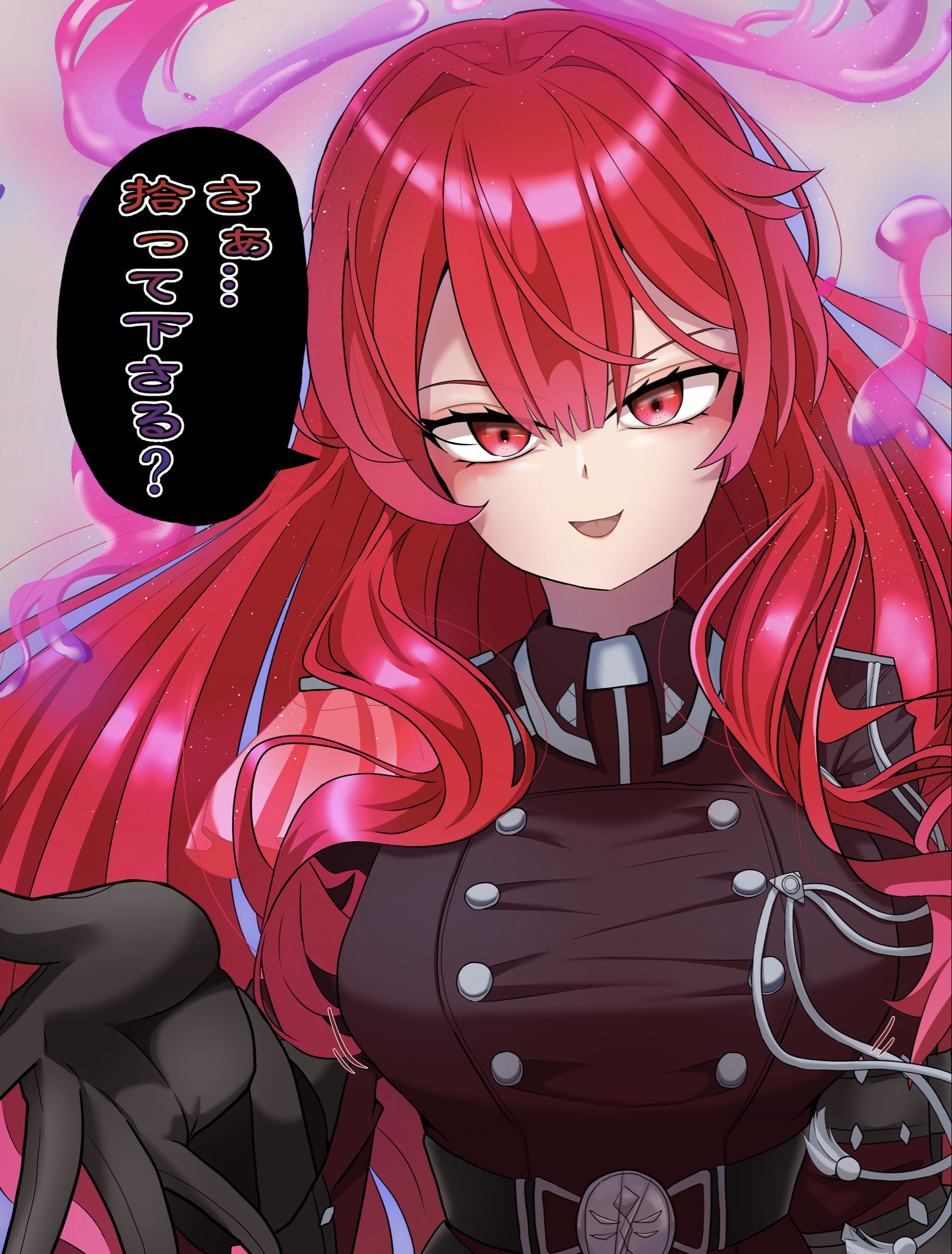 wize (adklahniehov6ib), exosister martha, yu-gi-oh!, commentary request, highres, translation request, 1girl, belt, black belt, black gloves, breasts, buttons, double-breasted, duel monster, exosister karmael, gloves, hair between eyes, halo, jacket, large breasts, long hair, long sleeves, looking at viewer, open mouth, red eyes, red hair, red jacket, sidelocks, smile, solo, speech bubble, standing, taut clothes, upper body, very long hair