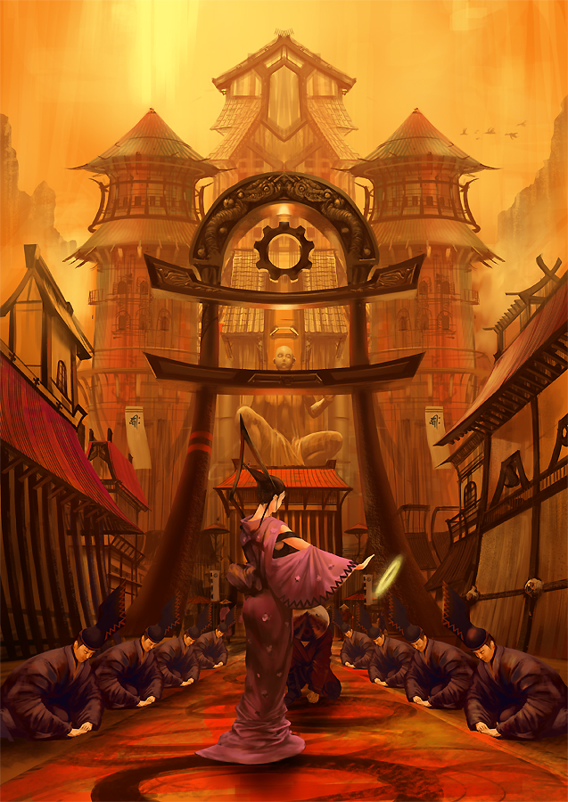 noba, pixiv fantasia, pixiv fantasia 3, 1girl, 6+boys, akatsuhara empire, banner, bird, halo, japanese clothes, multiple boys, shrine, sky, statue, torii, tower
