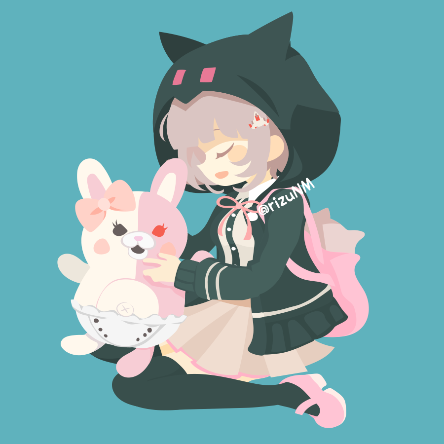 rizu (rizunm), nanami chiaki, usami (danganronpa), danganronpa (series), danganronpa 2: goodbye despair, 1girl, animal bag, breasts, brown hair, brown skirt, collared shirt, flipped hair, hair ornament, hood, jacket, long sleeves, medium hair, neck ribbon, open clothes, open jacket, pink bag, pink eyes, pink ribbon, ribbon, shirt, skirt, thighhighs, two-tone shirt, white shirt