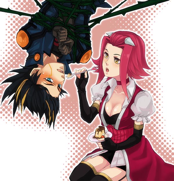 fudo yusei, izayoi aki, yu-gi-oh!, yu-gi-oh! 5d's, bad id, bad pixiv id, 00s, 1boy, 1girl, bdsm, blue eyes, blush, bondage, bound, breasts, cleavage, food, large breasts, multicolored hair, plant, pudding, red hair, streaked hair, thighhighs, thorns, vines, yellow eyes