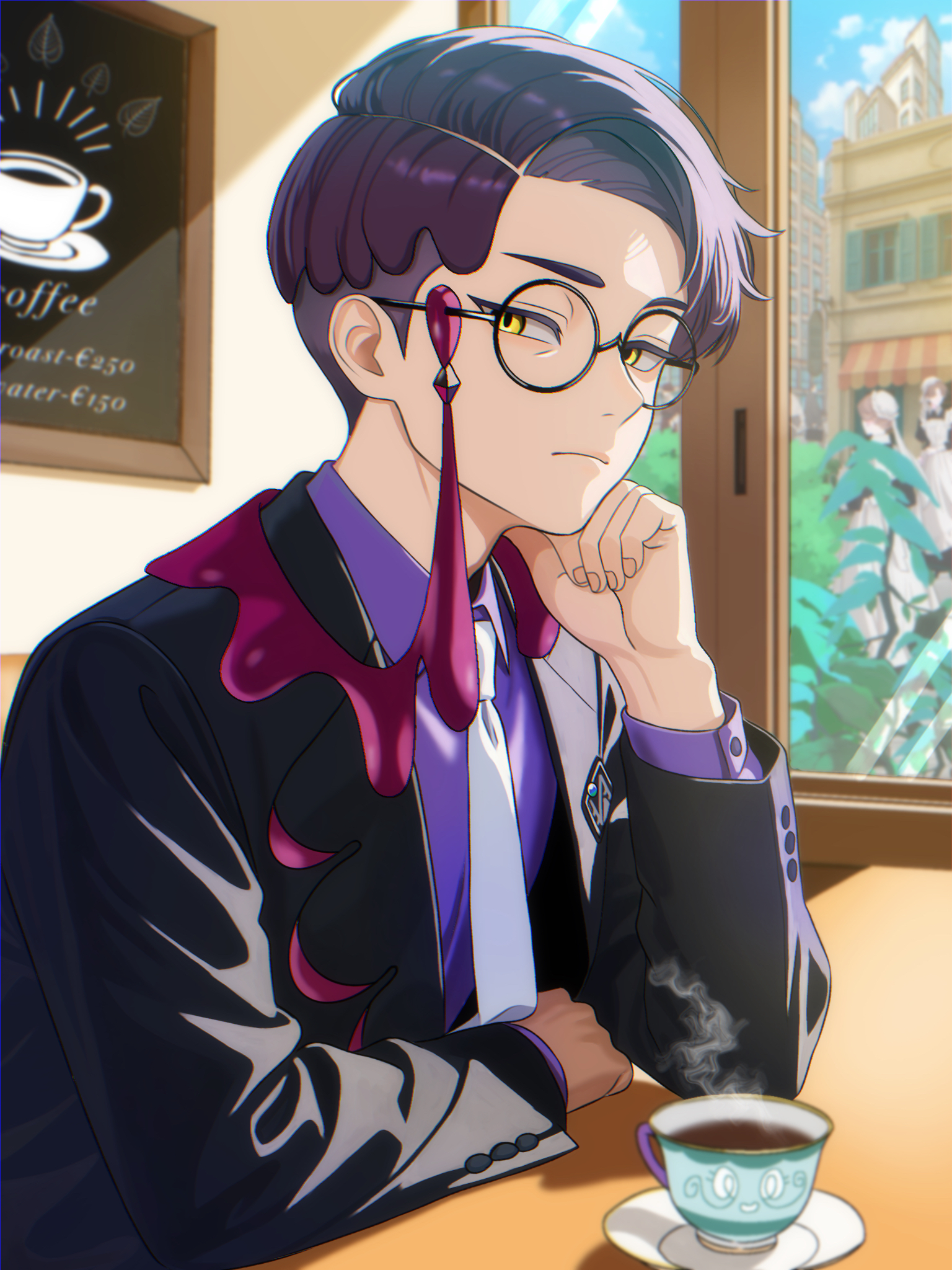 nnntuume, corbeau (pokemon), nintendo, pokemon, pokemon legends: z-a, commentary, highres, 1boy, black hair, black jacket, cafe, closed mouth, collared shirt, cup, day, glasses, head rest, indoors, jacket, long sleeves, looking at viewer, necktie, open clothes, open jacket, purple shirt, round eyewear, saucer, shirt, short hair, steam, teacup, window, yellow eyes