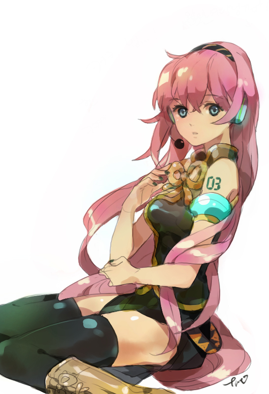 tiru, megurine luka, vocaloid, 1girl, bare shoulders, belt, blue eyes, boots, female focus, green nails, headphones, headset, long hair, nail polish, pink hair, sitting, skirt, sleeveless, solo, thighhighs