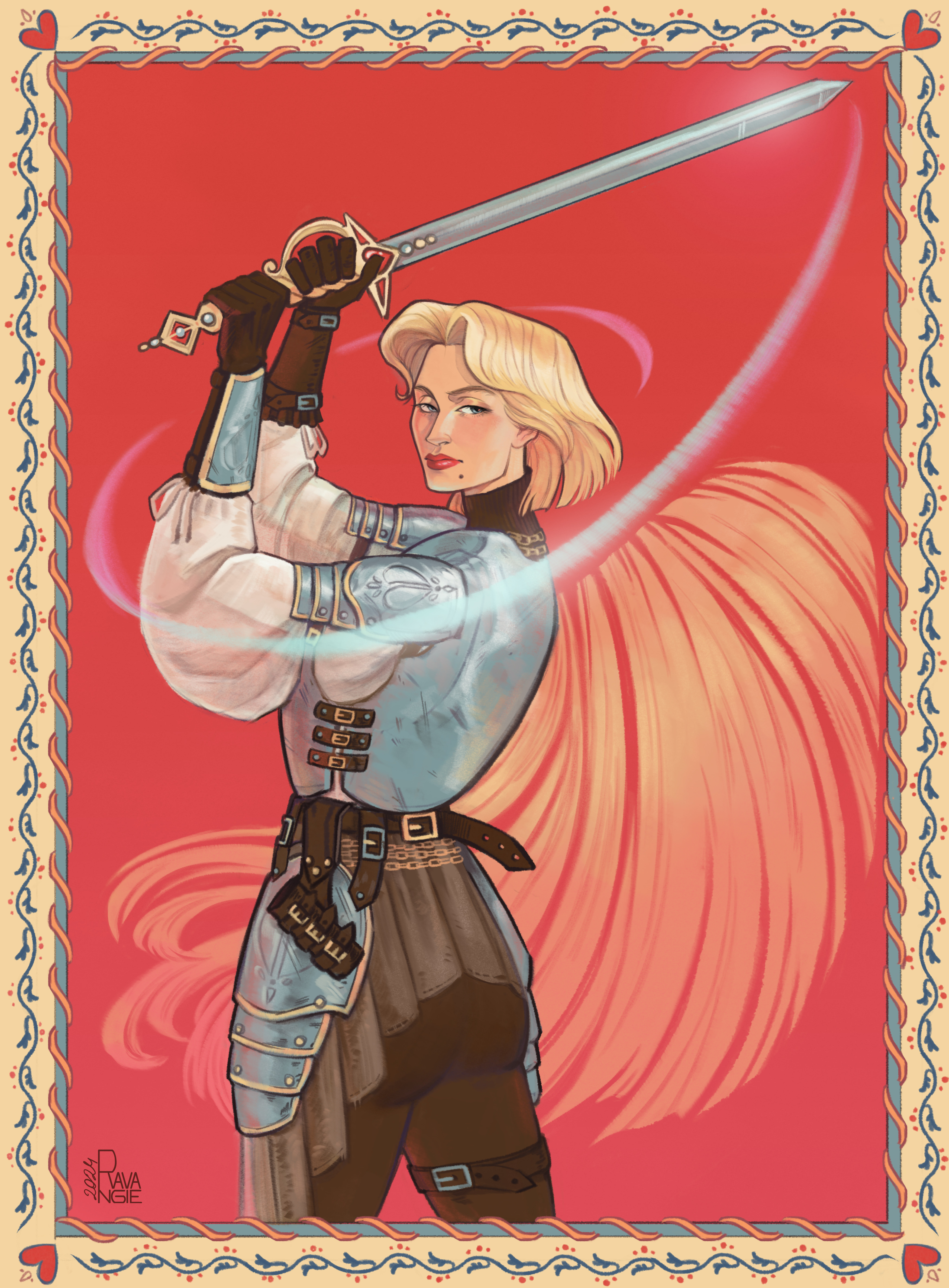 prince charming (shrek), dreamworks, shrek (series), absurdres, highres, 1girl, blonde hair, blue eyes, closed mouth, cutting hair, genderswap, genderswap (mtf), holding, holding sword, holding weapon, mole, mole under mouth, ravangie, solo, standing, sword, weapon