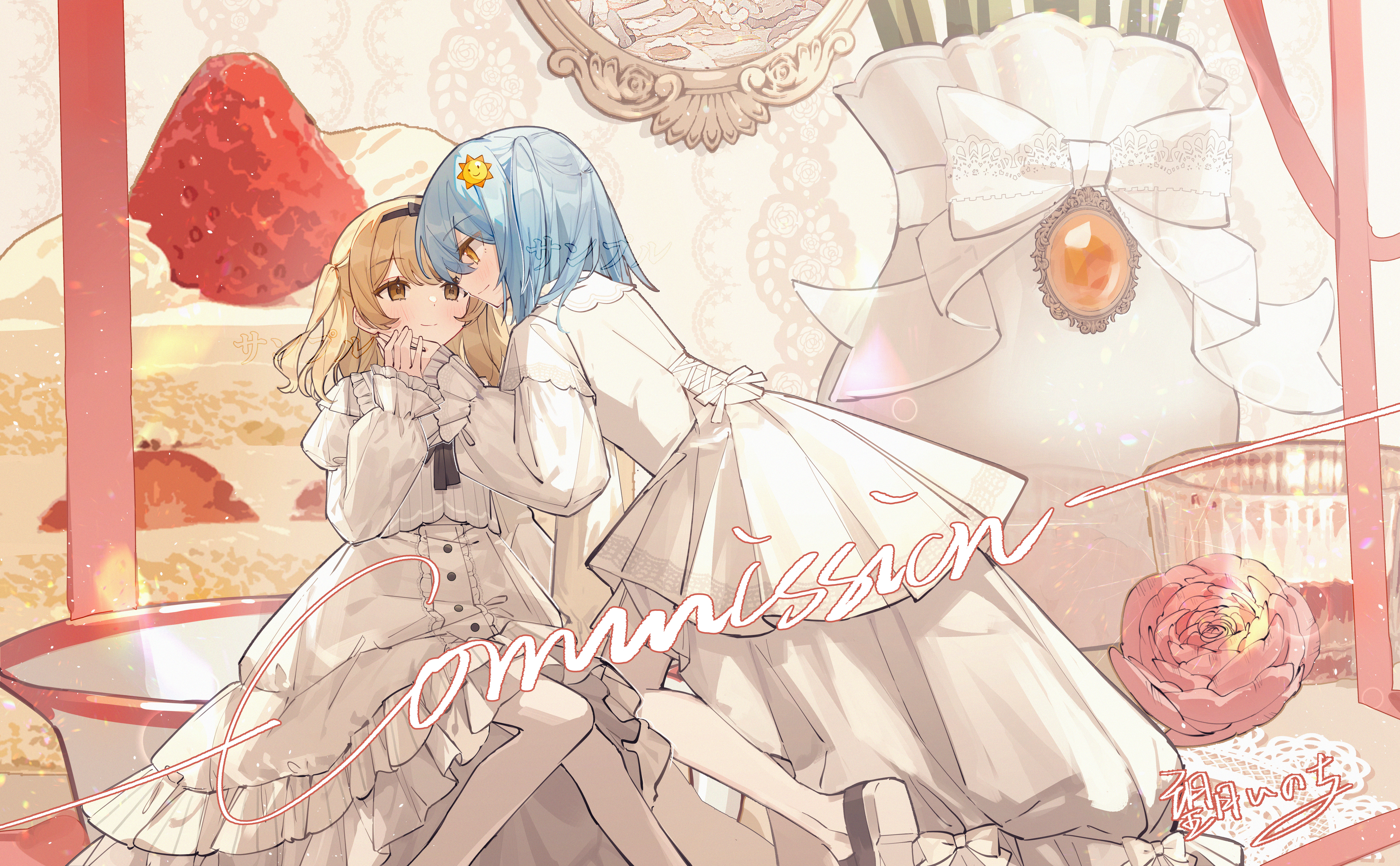 mochizuki inochi, original, project sekai, absurdres, character request, commission, highres, 2girls, artist name, black hairband, black shoes, blonde hair, blue hair, brown eyes, cake, cake slice, closed mouth, dress, feet out of frame, flower, food, frilled dress, frills, fruit, hairband, holding hands, long hair, long sleeves, multiple girls, oc x canon, one side up, pantyhose, pink flower, pink rose, rose, shoes, sitting, smile, strawberry, sun hair ornament, white dress, white pantyhose