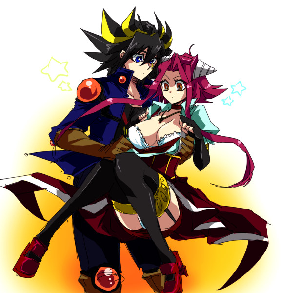 gi (46rain), fudo yusei, izayoi aki, yu-gi-oh!, yu-gi-oh! 5d's, bad id, bad pixiv id, 00s, 1boy, 1girl, blue eyes, bra, breasts, cleavage, dougi, large breasts, lingerie, multicolored hair, orange eyes, red hair, streaked hair, thighhighs, underwear