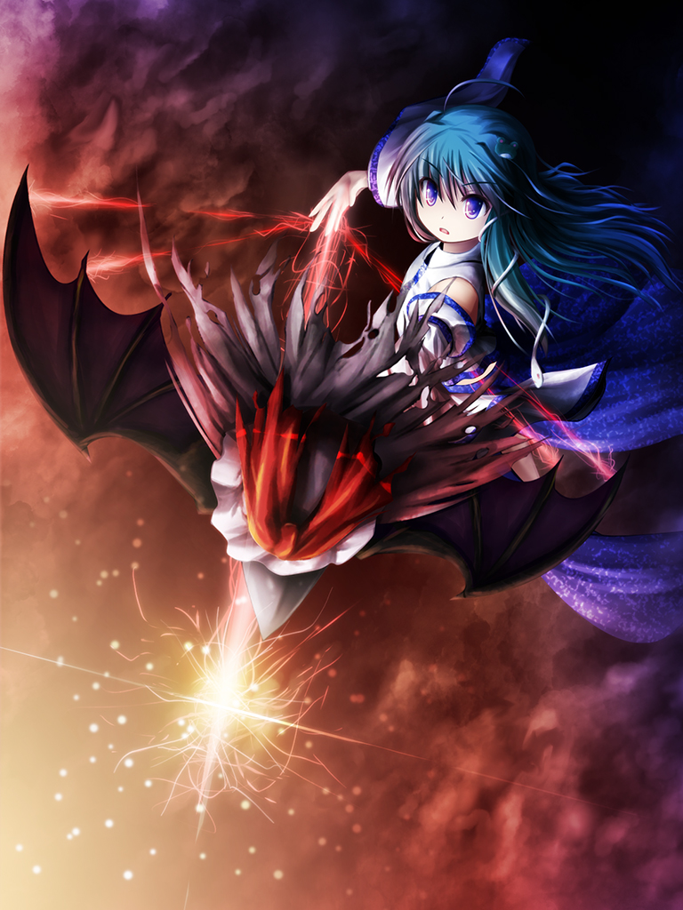 akashio (loli ace), kochiya sanae, touhou, bad id, bad pixiv id, 1girl, blue eyes, bow (weapon), cloud, detached sleeves, female focus, frog, green hair, japanese clothes, long hair, miko, outdoors, sky, solo, weapon