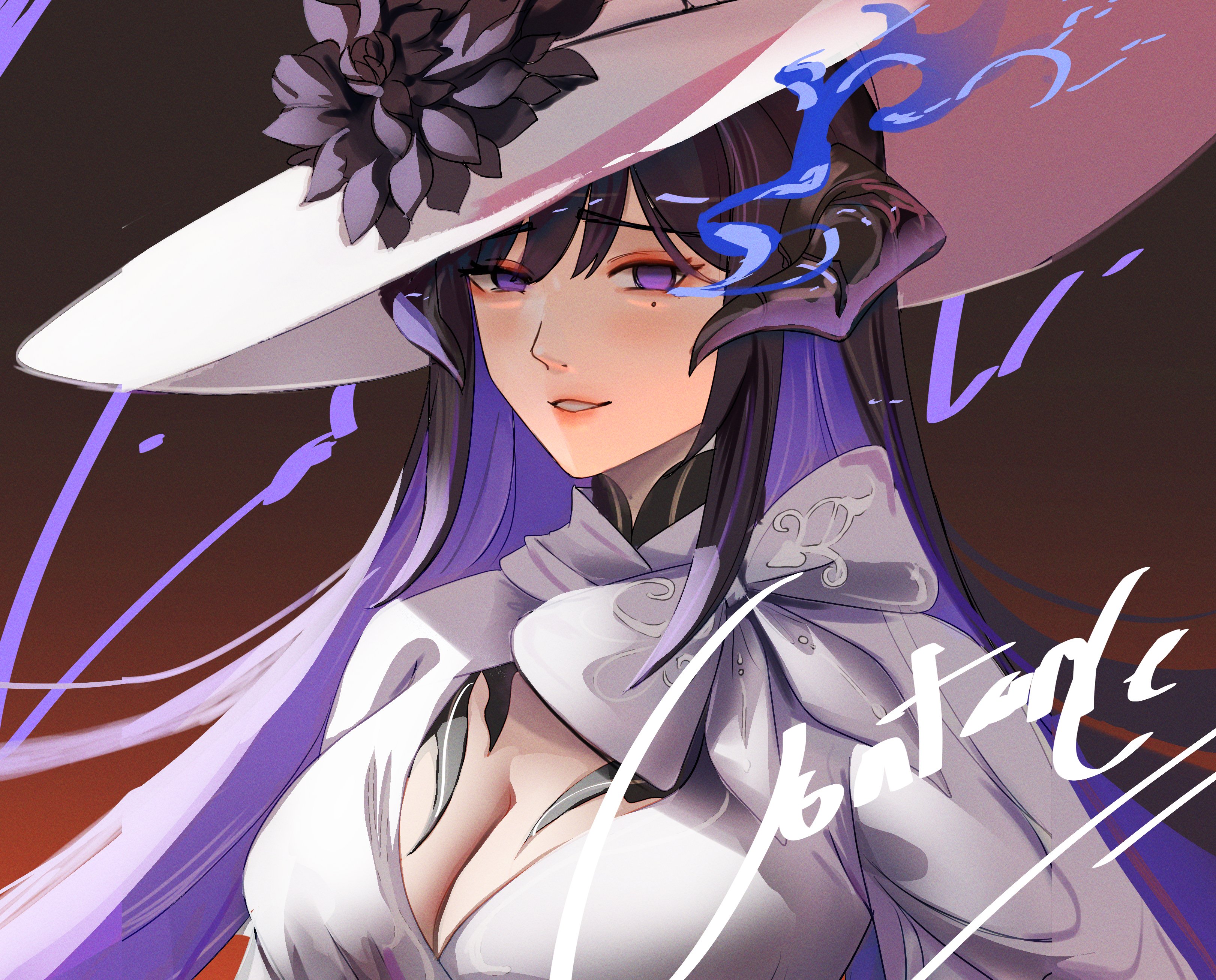 notgustiarp, constance (honkai: star rail), honkai: star rail, honkai (series), absurdres, commentary, english commentary, highres, 1girl, black hair, black horns, breasts, brown background, character name, cleavage, dress, hat, horns, large breasts, long hair, mole, mole under eye, parted lips, purple eyes, purple hair, solo, upper body, very long hair, white dress, white hat