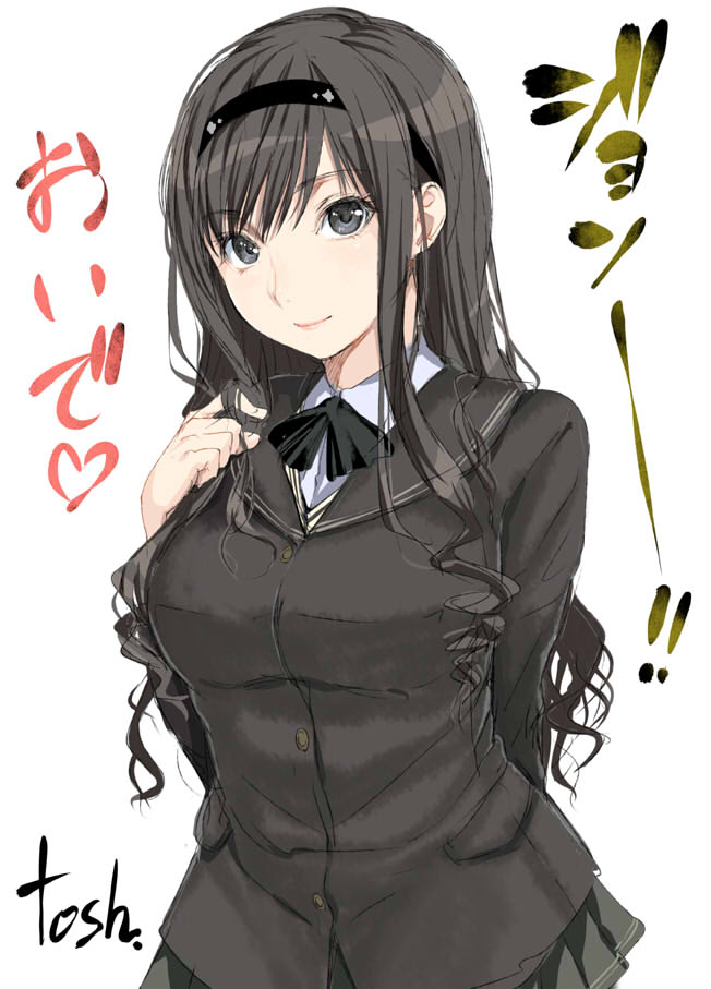 hikapan, saeki shun, tosh (imonade ryouchou), morishima haruka, amagami, bad id, bad pixiv id, 1girl, black eyes, black hair, breasts, female focus, hairband, large breasts, long hair, ruffling hair, school uniform, smile, solo