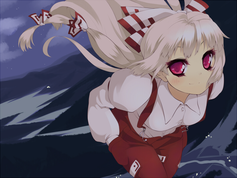 uruu gekka, fujiwara no mokou, touhou, bad id, bad pixiv id, 1girl, female focus, hands in pockets, long hair, red eyes, ribbon, smile, solo, suspenders, white hair